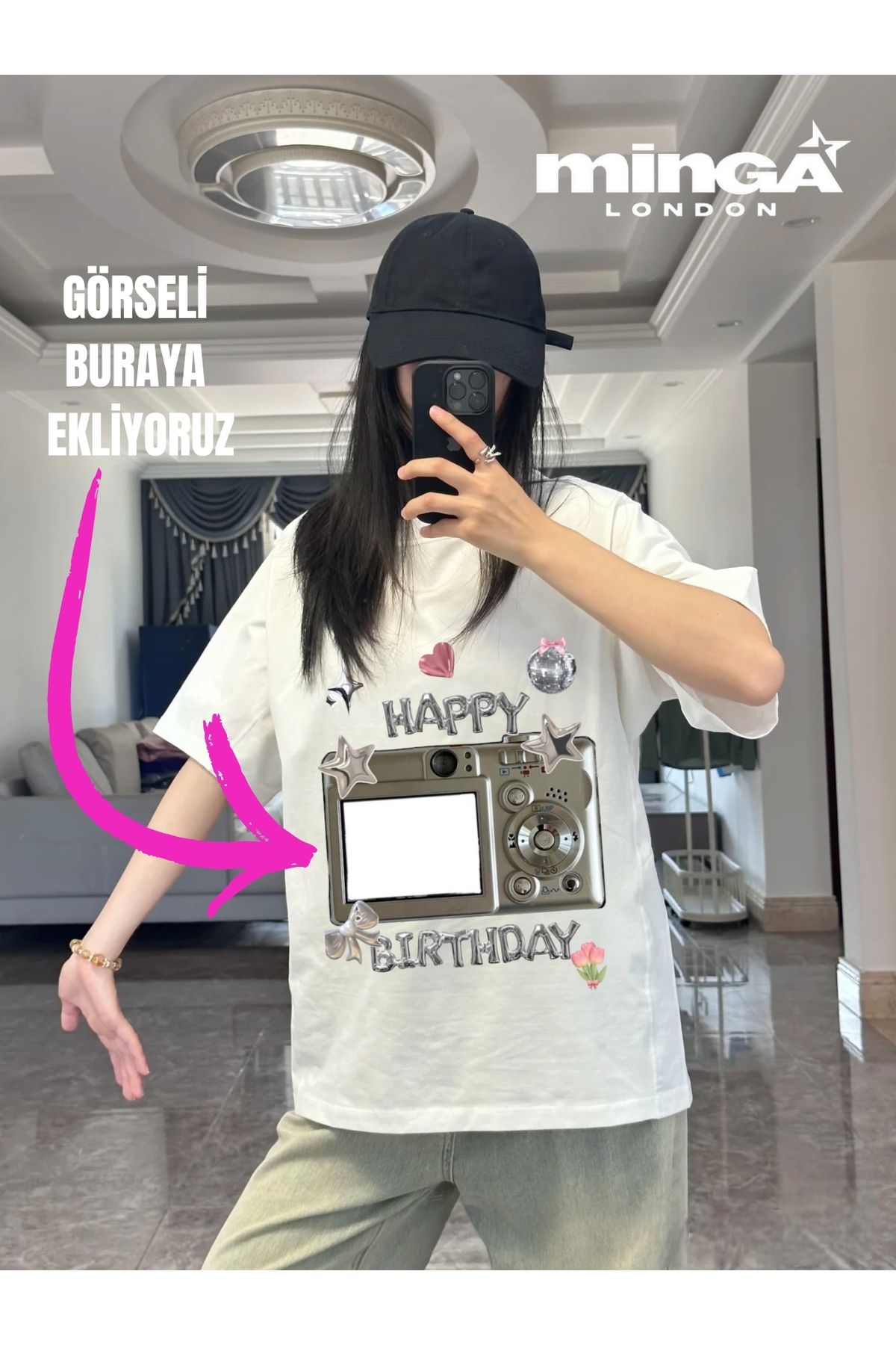 Minga London Happy Birthday Camera Kişiye Özel Baskılı Beyaz Oversize Tshirt- Minga London