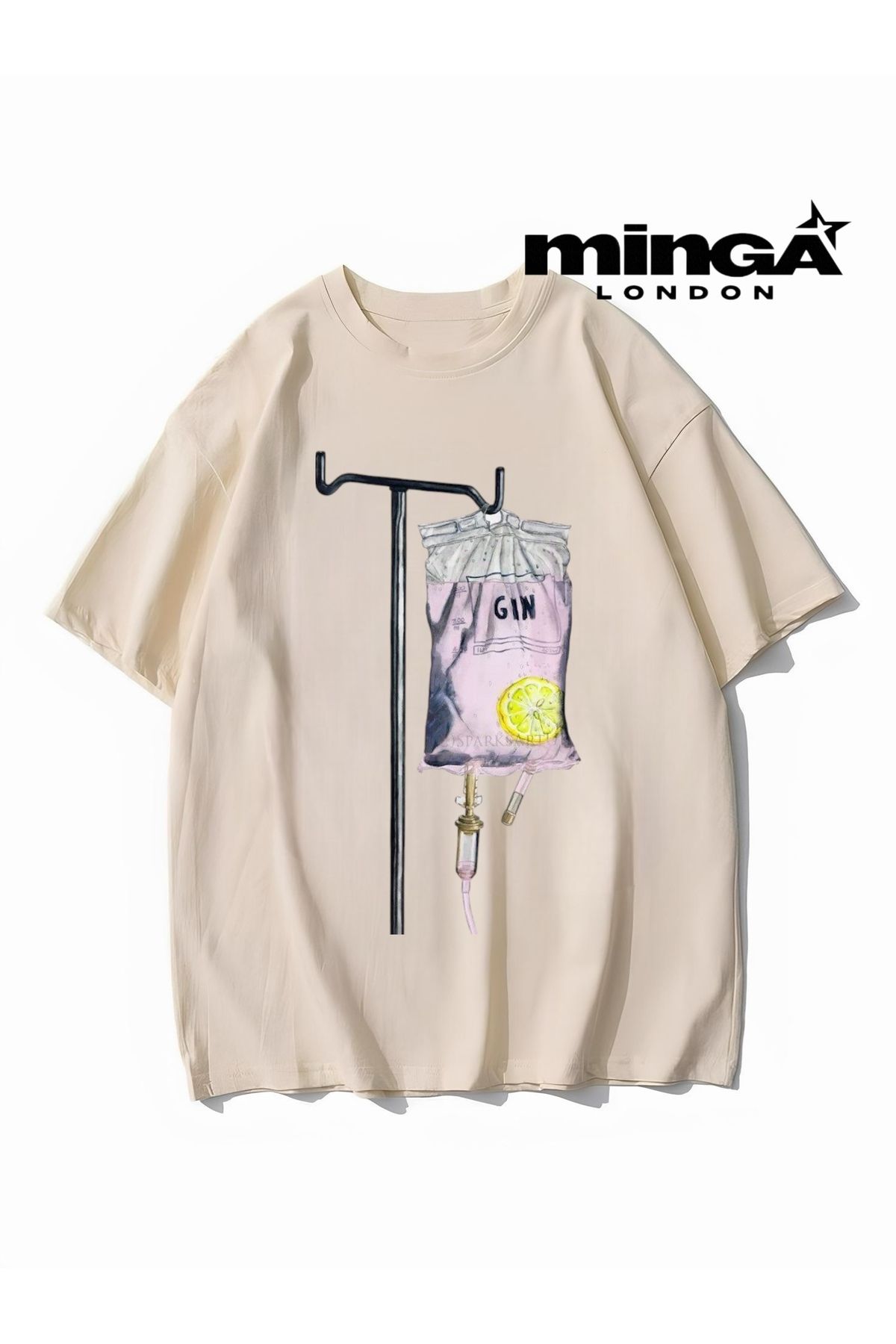 Minga London Drink Baskılı Bej Oversize Tshirt- Minga London