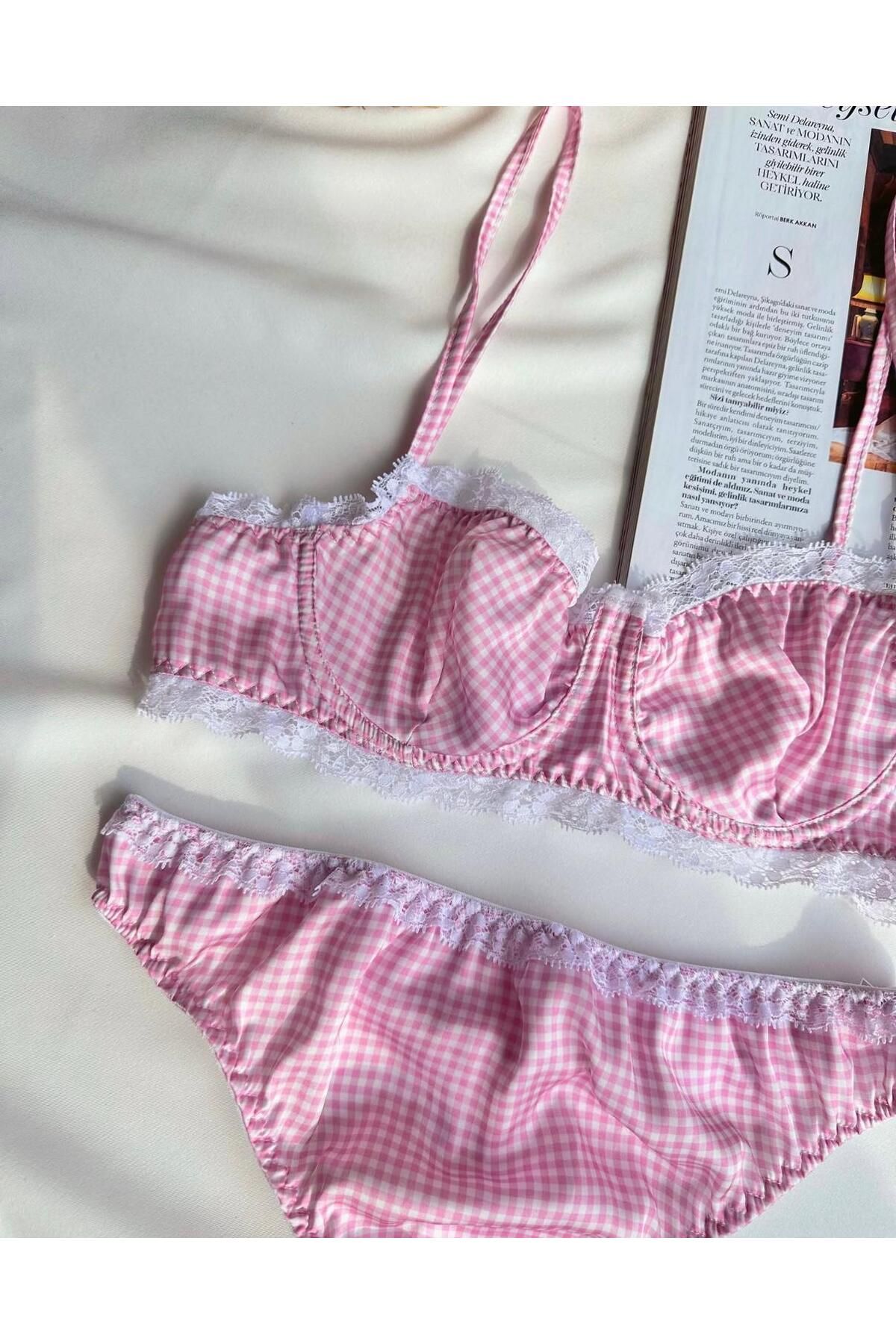 Pretty Pembe Saten Balenli Sütyen Takımı- Fantezi İç Giyim