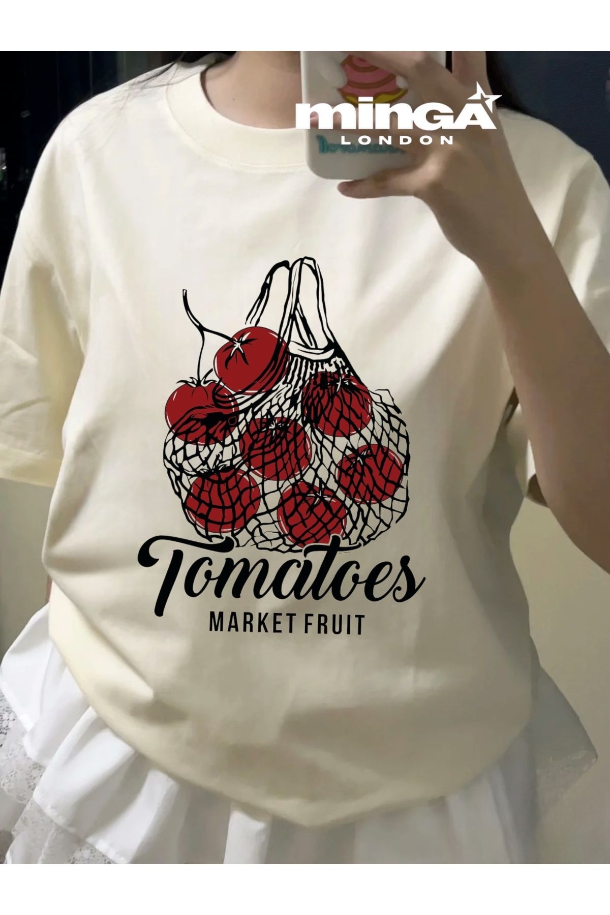 Minga London Tomatoes Baskılı Bej Oversize Tshirt- Minga London