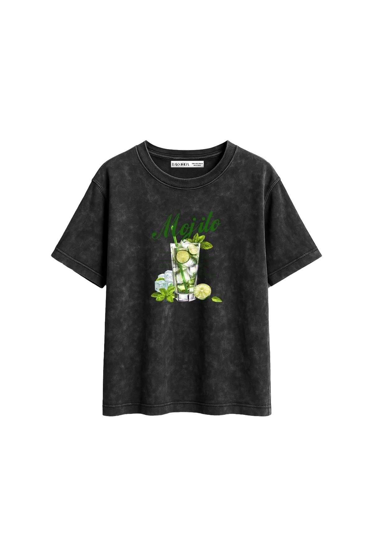CİNEMA MODA Iced Mojito Baskılı Relaxed Fit Yıkamalı Siyah Kadın Tshirt