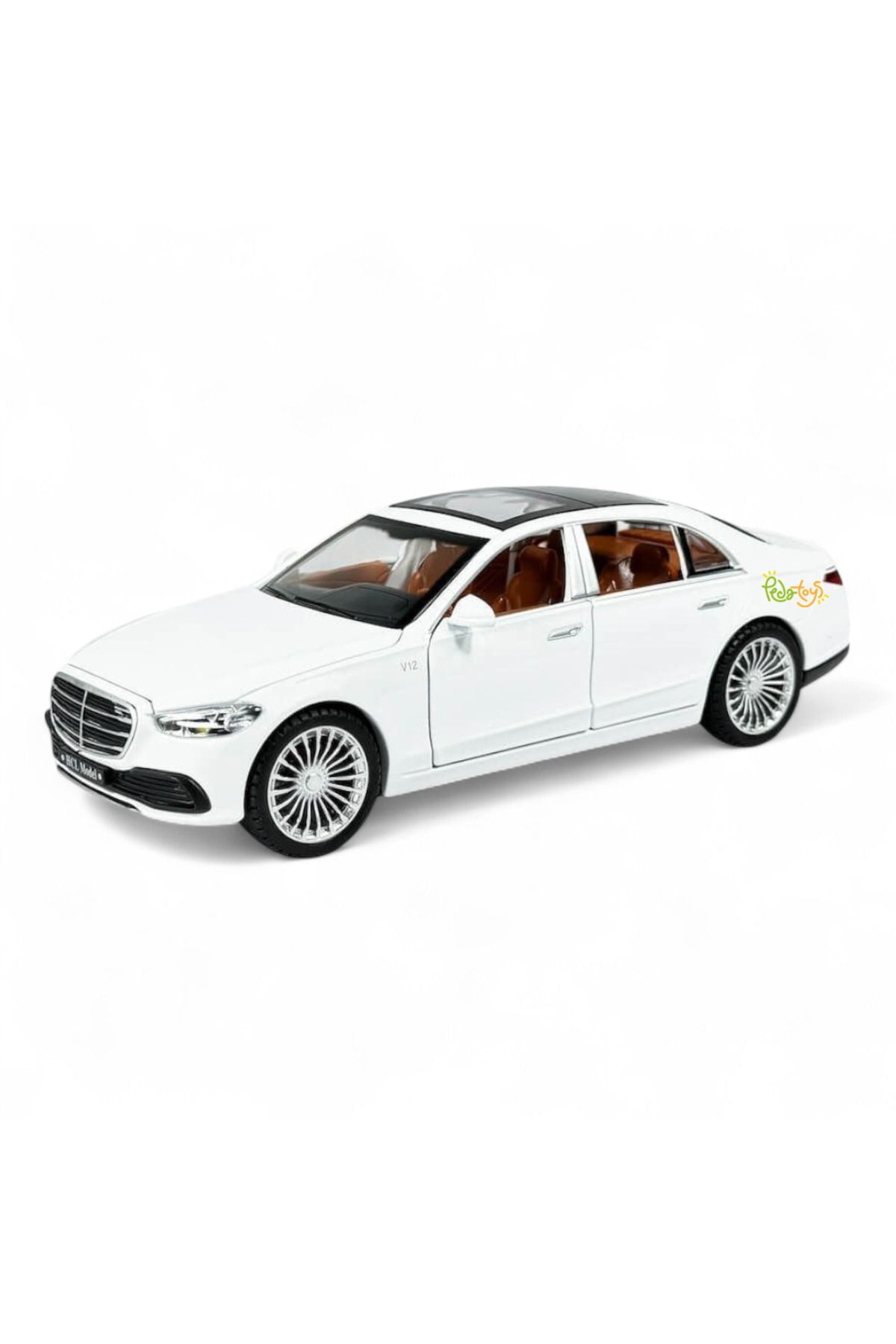 Peda Toy 1.24 Ölçekli Sesli Işıklı Mercedes Metal Model Çek Bırak Araba Die-Cast Kapılar Açılır 21 Cm Beyaz