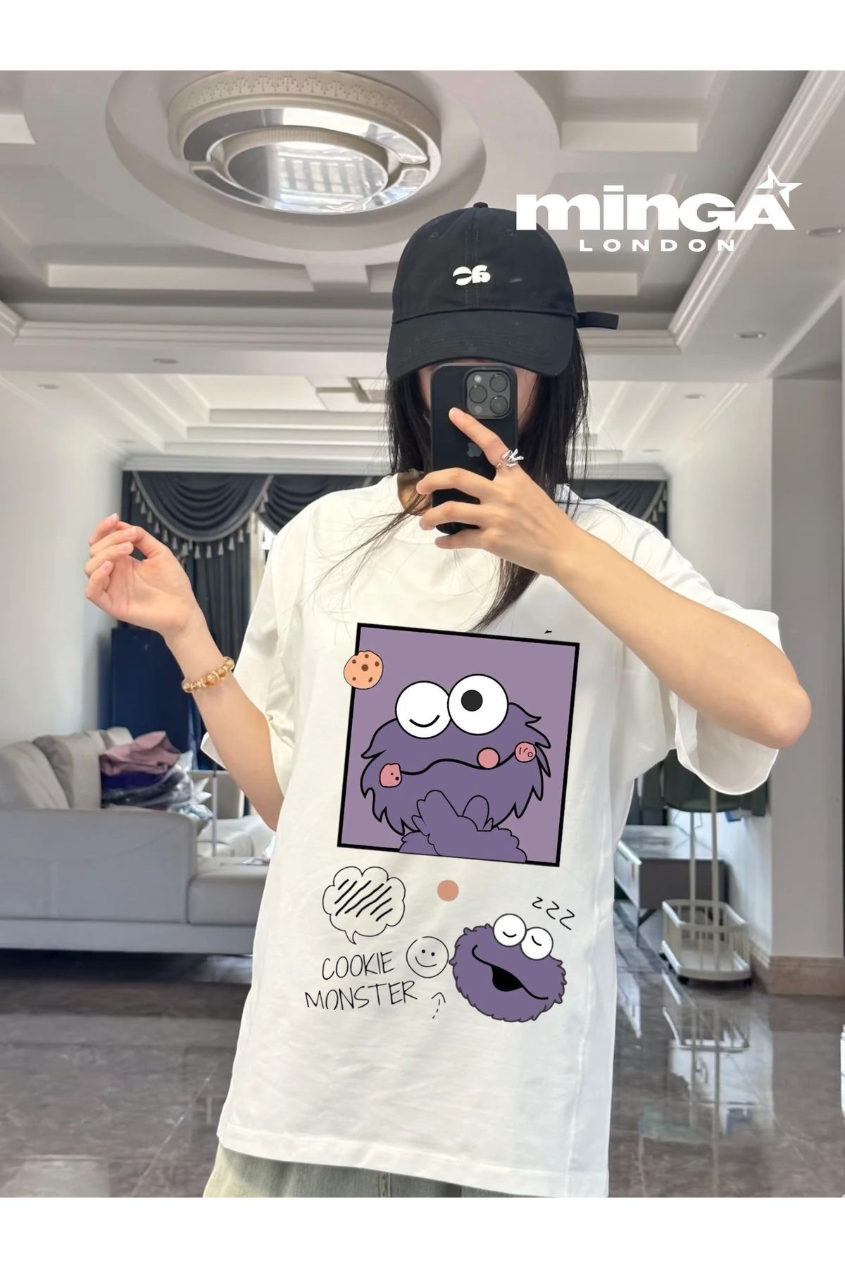 Minga London Purple Kurabiye Baskılı Beyaz Oversize Tshirt- Minga London