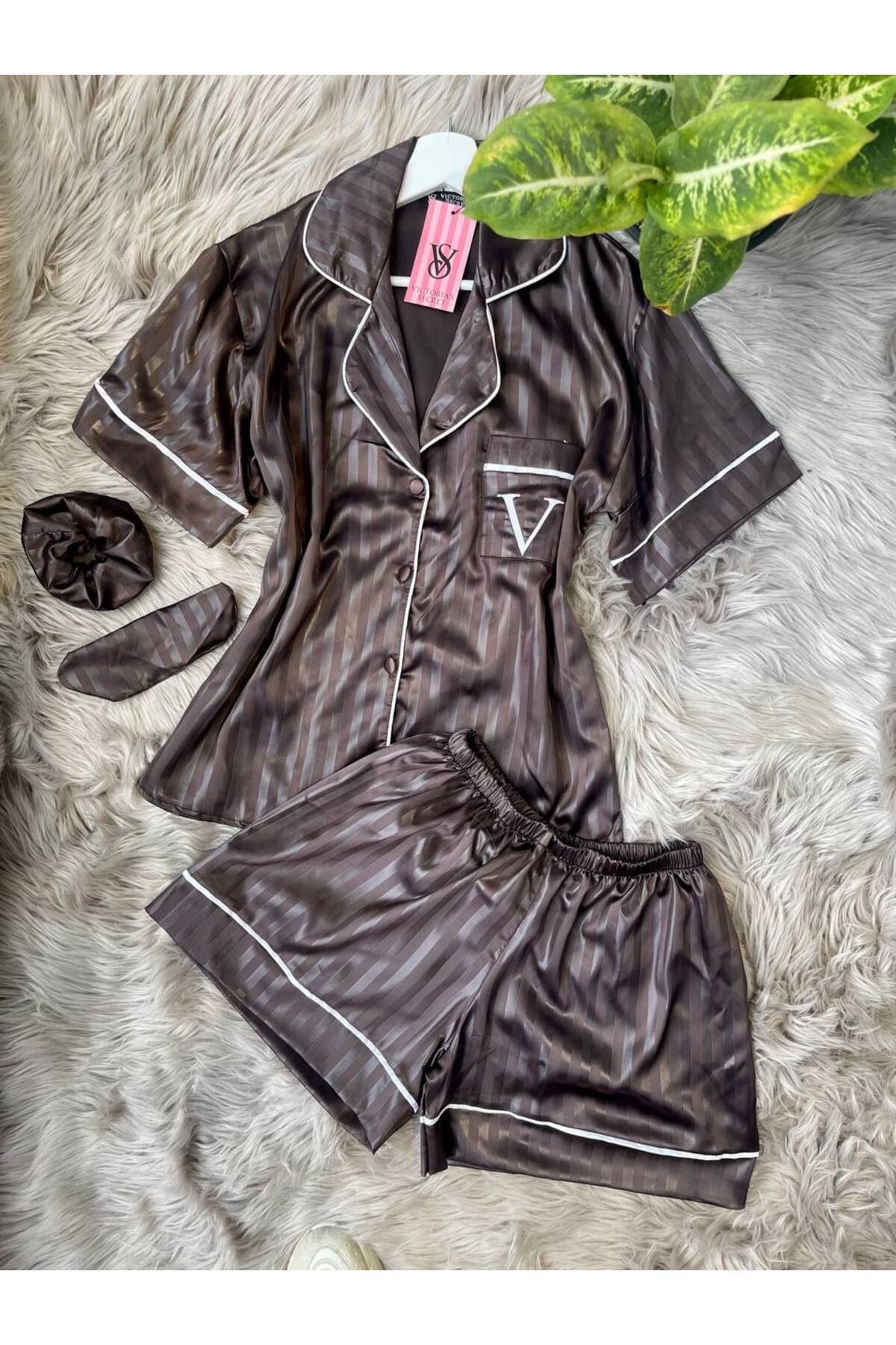 saviniboutique SAVİNİ Victoria Kadın Saten Önden Düğmeli Çizgili Şortlu Pijama Takımı