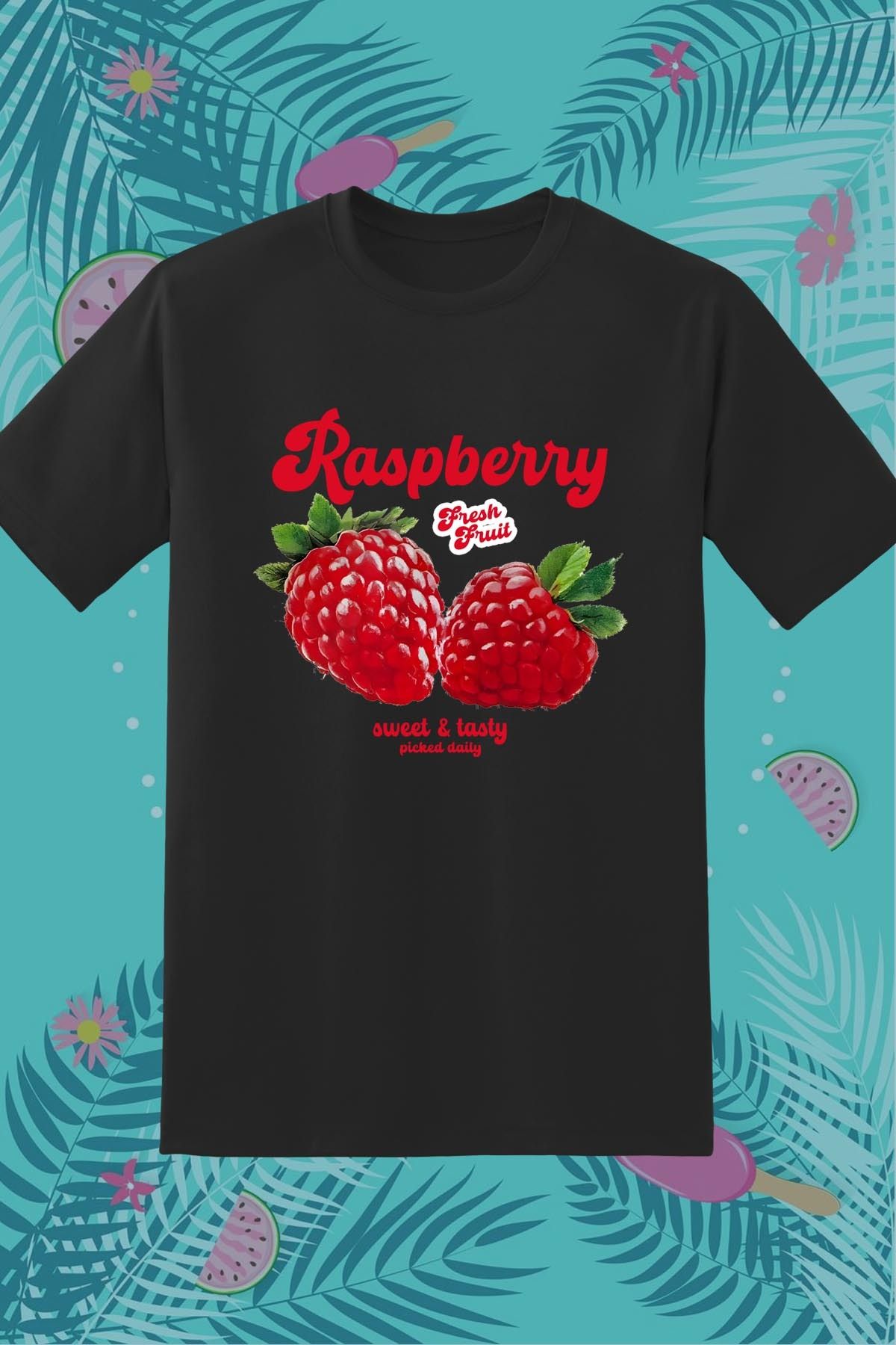362BASKI Yaz Temalı Raspberry Ahududu Baskılı Tshirt