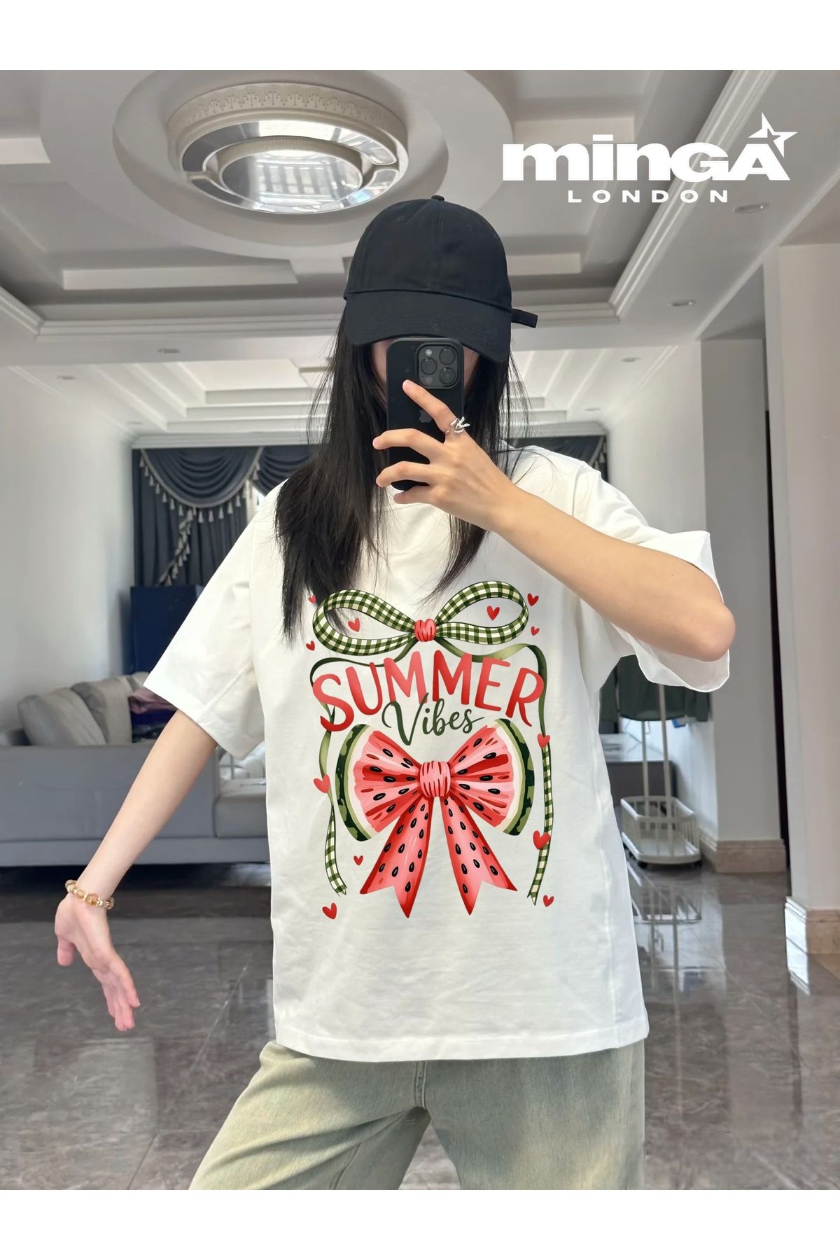 Minga London Summer Vibes Watermelon Baskılı Beyaz Oversize Tshirt- Minga London