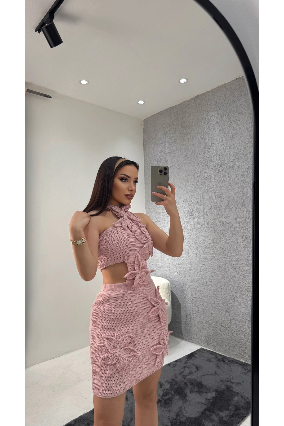 Neva Wear Kadın Pembe Astarlı Deniz Yıldızı Desenli Örgü Elbise