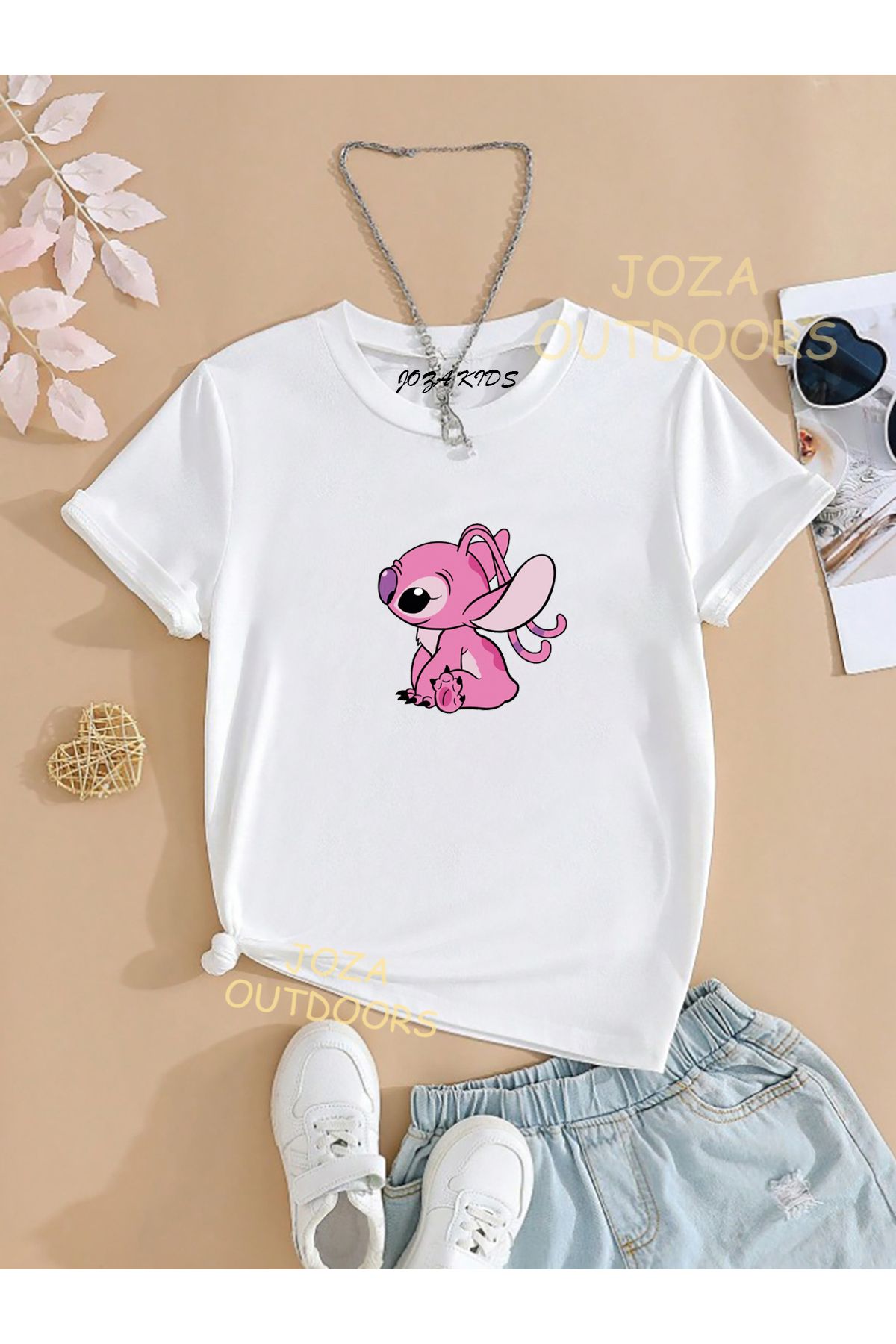 Joza Outdoors Unisex Kız ve Erkek Angel Lilo Stitch Baskılı Renkli Çocuk Tekli T-shirt (Kombin Yapılabilir)