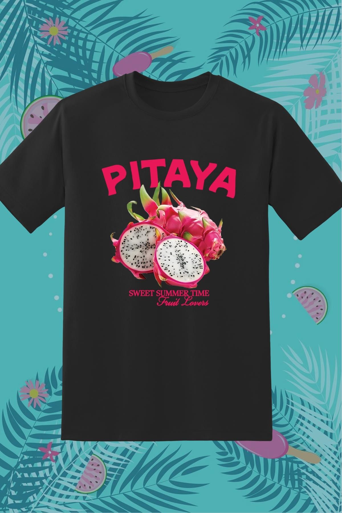 362BASKI Yaz Temalı Ejder Meyvesi Pitaya Baskılı Tshirt