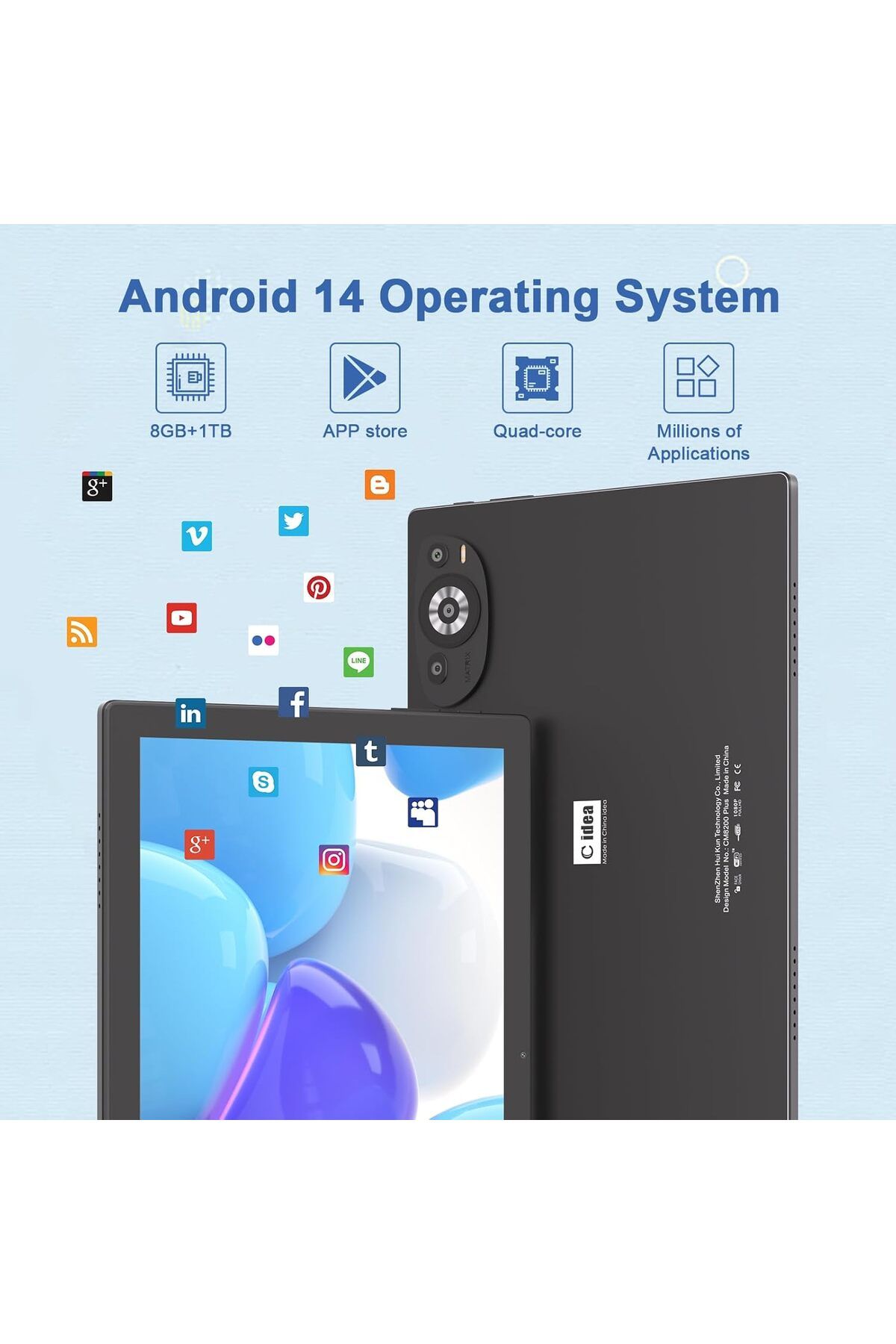 CIDEA-جهاز لوحي C idea مقاس 10.1 بوصة، يعمل بنظام Android 14، يدعم تقنية 5G، بشريحتين، وذاكرة وصول عشوائي (RAM) سعة 8 جيجابايت، وذاكرة قراءة فقط (ROM) سعة 1 تيرابايت، وبطارية 10000 مللي أمبير في الساعة 5