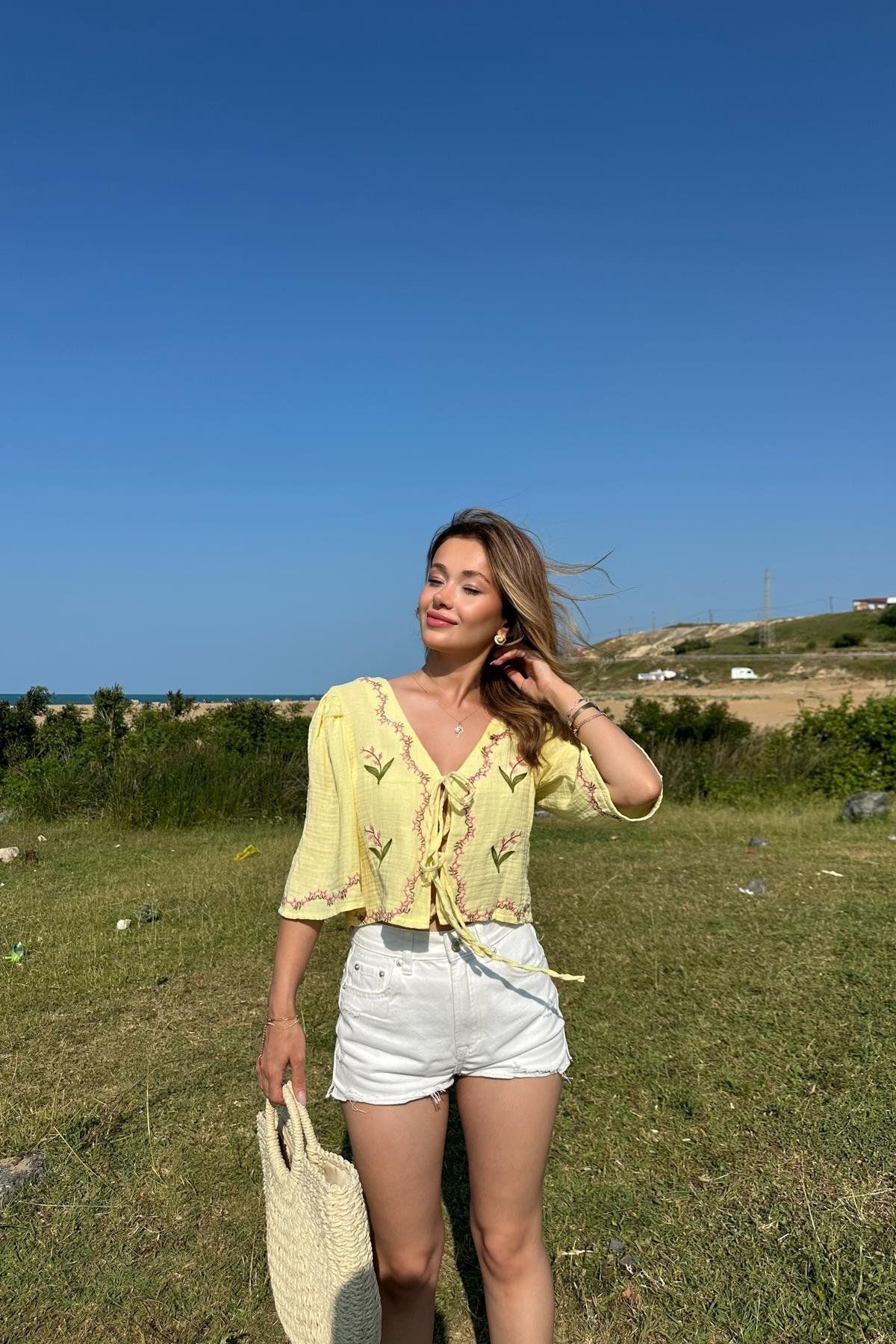 mylove Müslin Kumaş Nakışlı Bluz Sarı