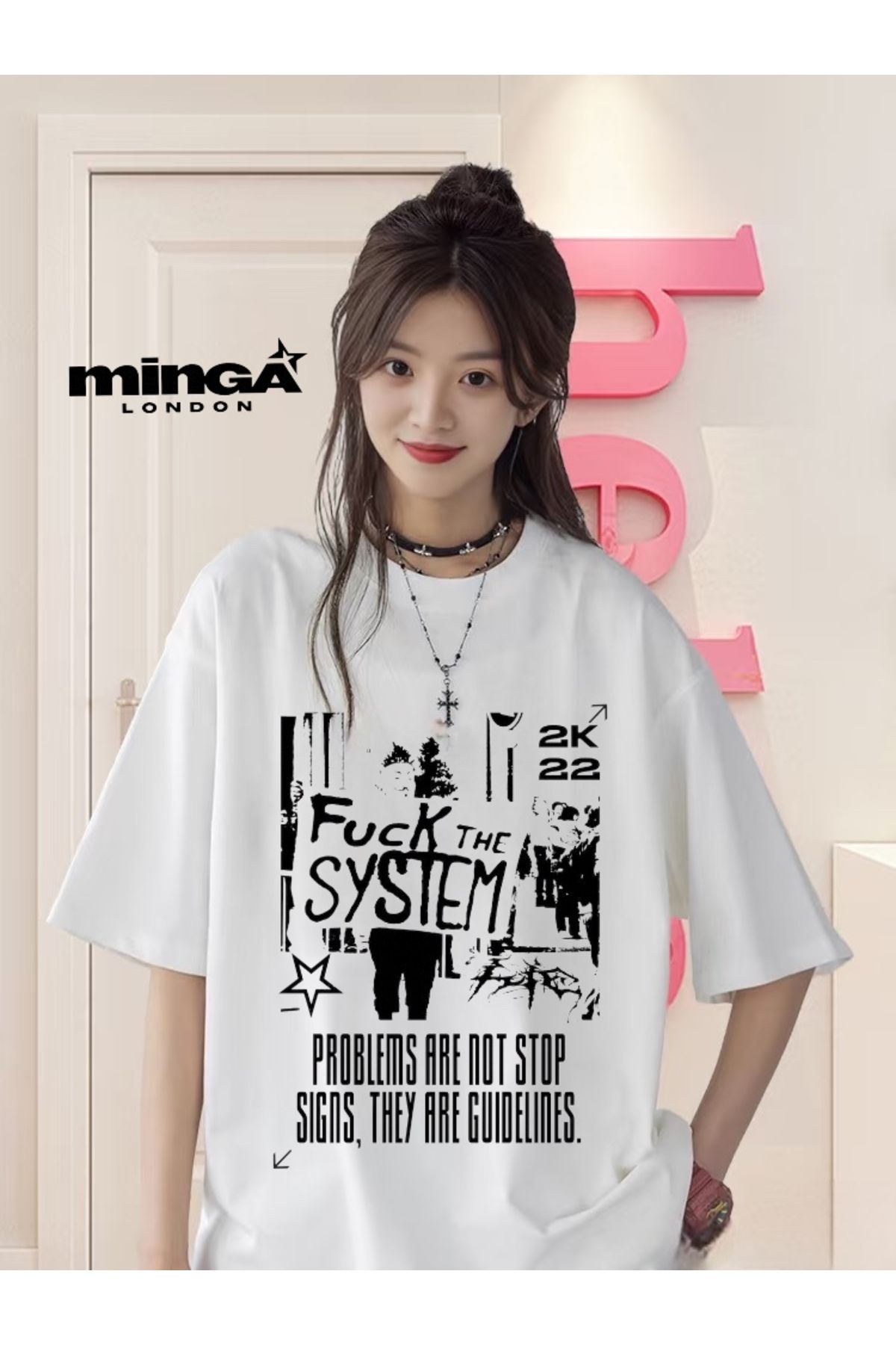 Minga London SYSTEM Baskılı Beyaz Oversize Tshirt- Minga London