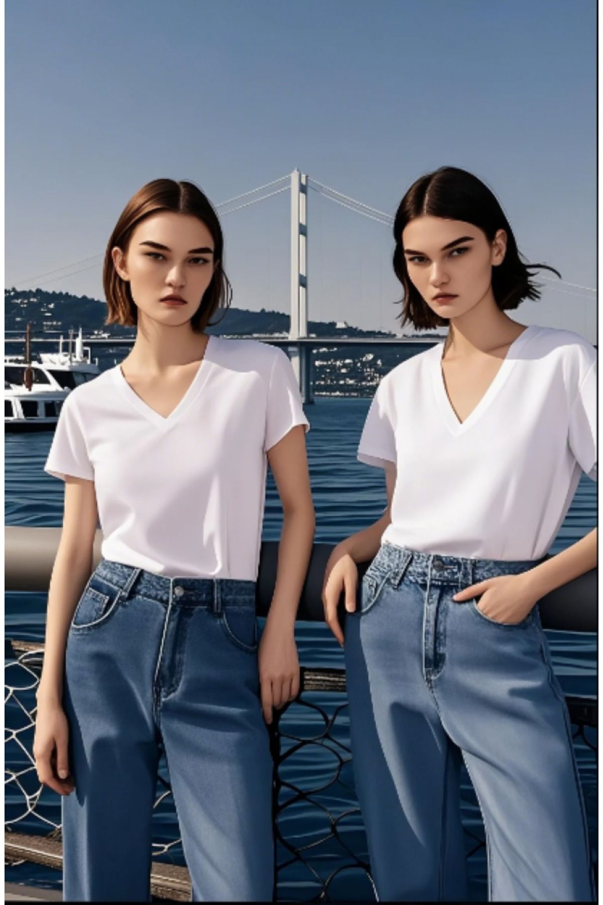 MODA 2li Beyaz Renk Kadın V Yaka T-shirt Günlük Rahat Tişört