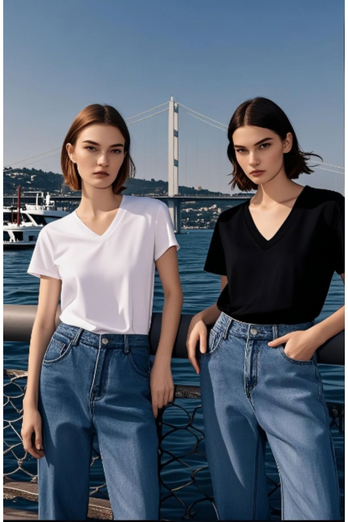 MODA 2li Siyah Beyaz Renk Kadın V yaka T-shirt Günlük Rahat Tişört
