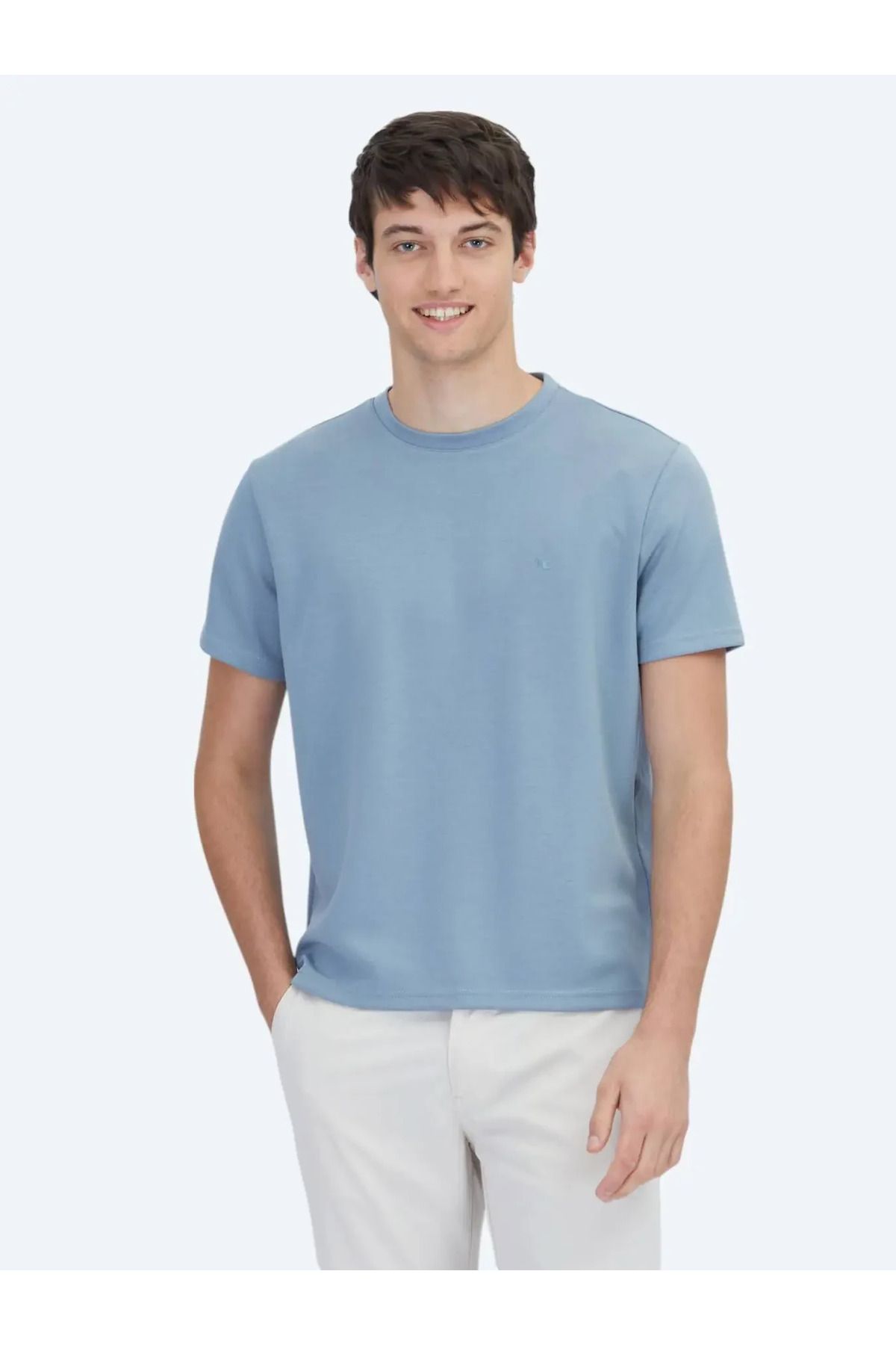 Kip Mavi Düz Bisiklet Yaka T-Shirt