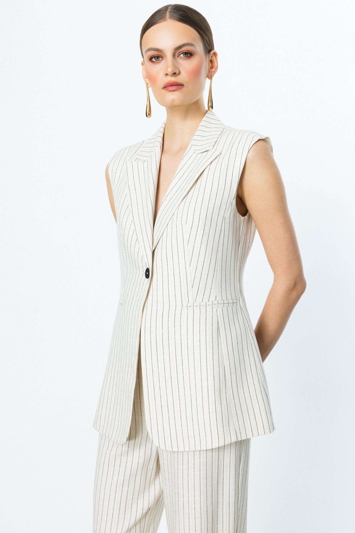 Ekol-Stripe Patterned Single Button Vest 2