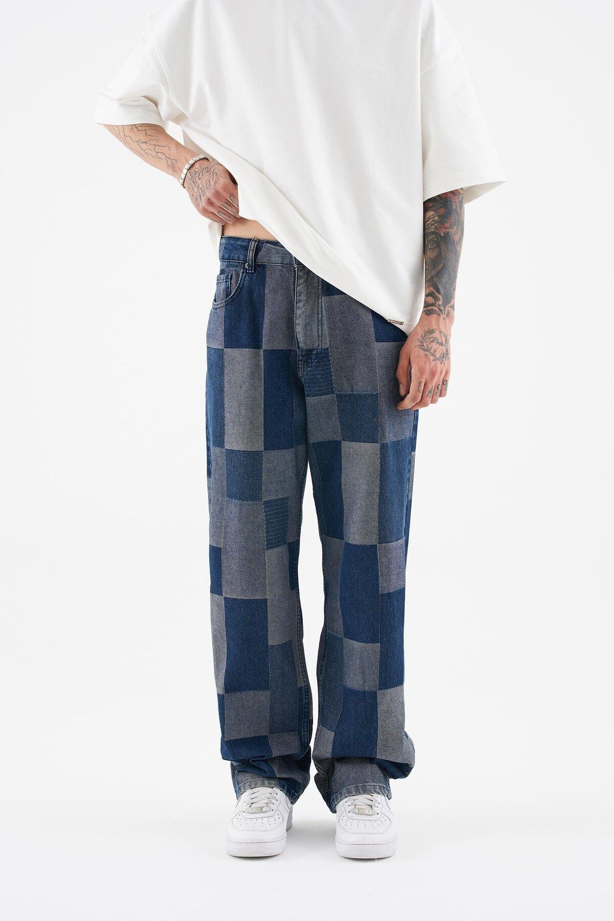 Machinist Erkek Oversize Parçalı Desenli Mavi Jean
