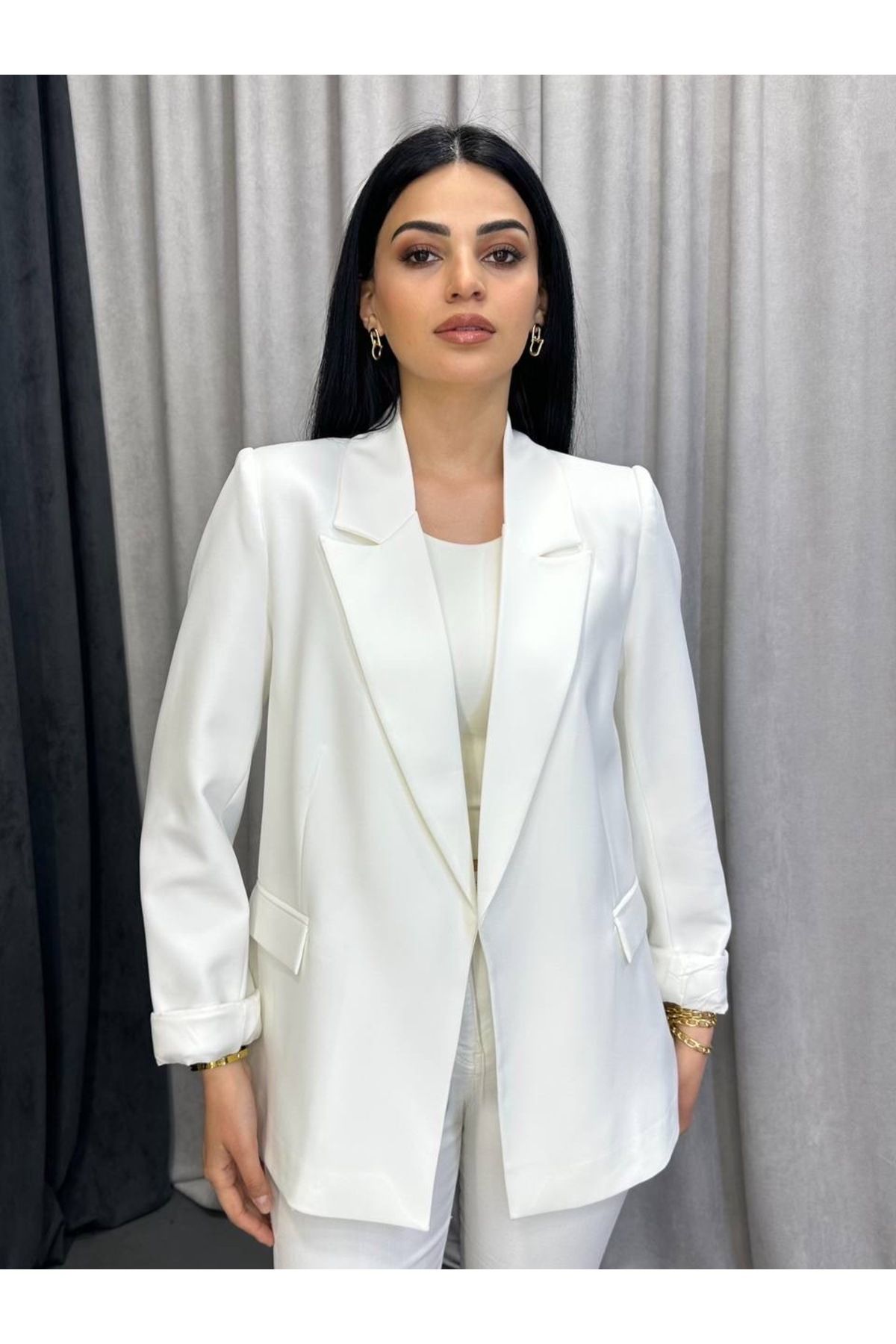 Mhm Kruvaze Yaka Düğmesiz Astarlı Katlanabilir Kollu Blazer Ceket