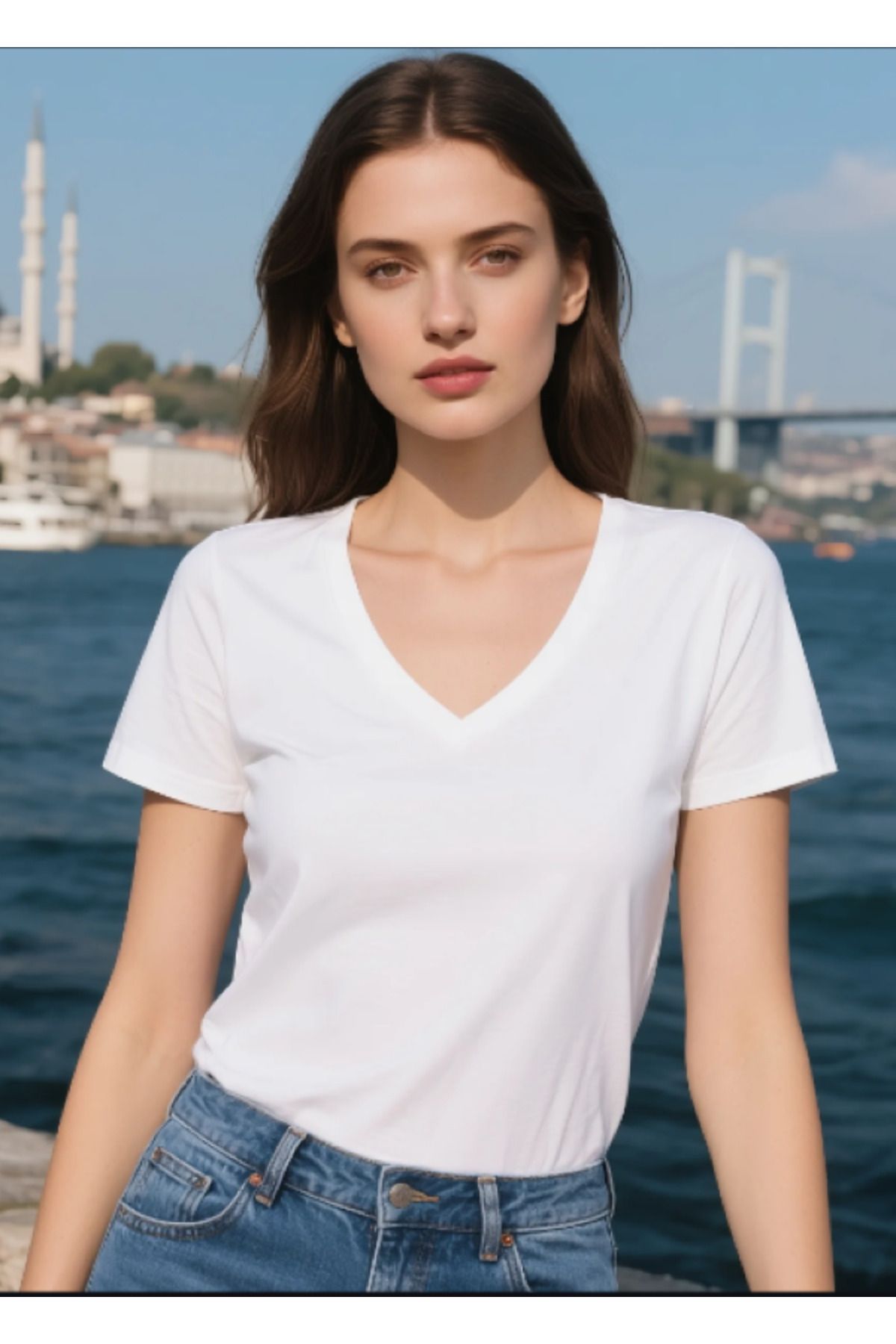 MODA Siyah Renk Kadın V Yakalı t-shirt Pamuk Günlük Tişört