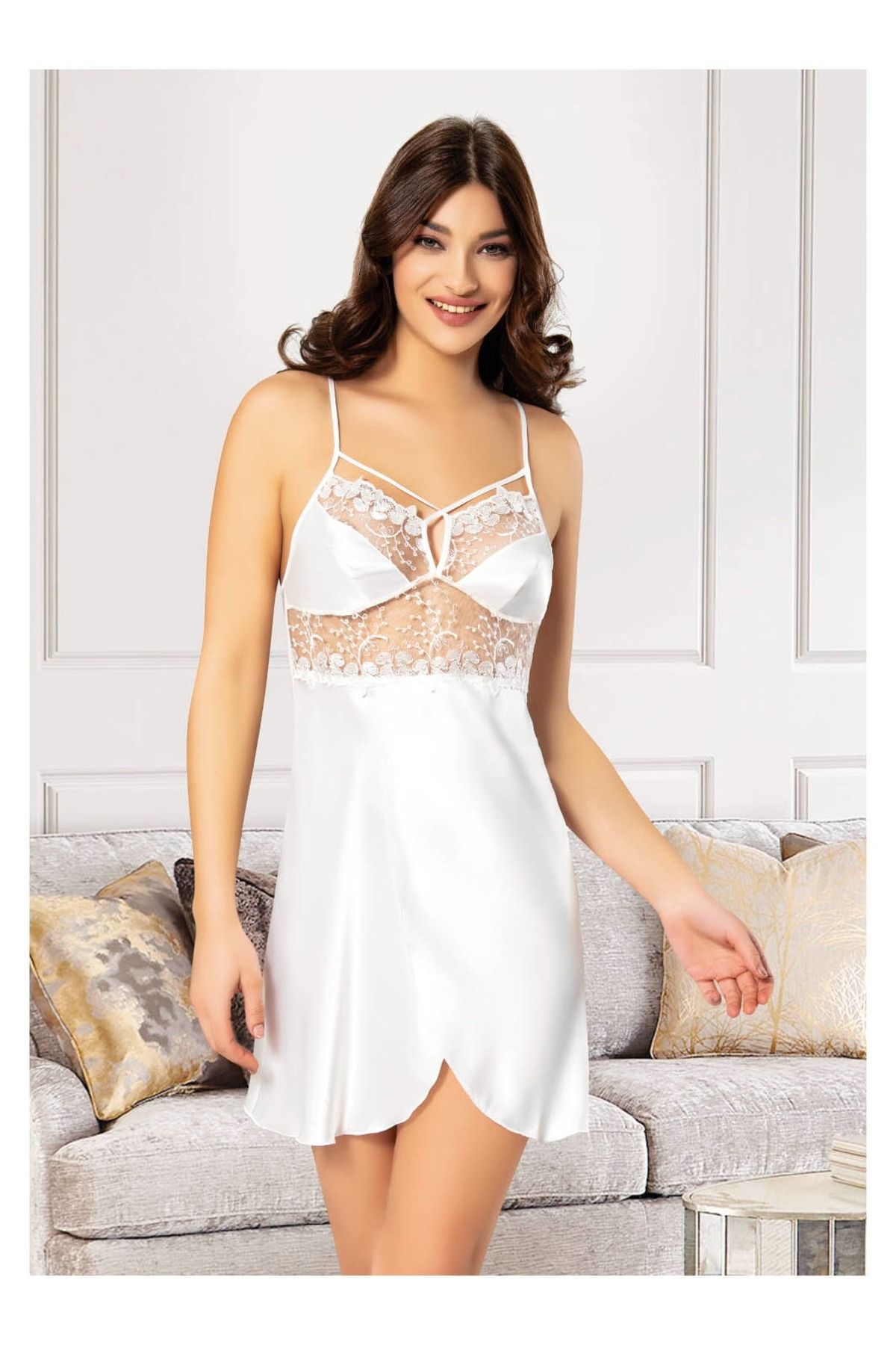 Miss Laris Lingerie Askılı,Transparan,Kısa Boy Saten Kadın Gecelik