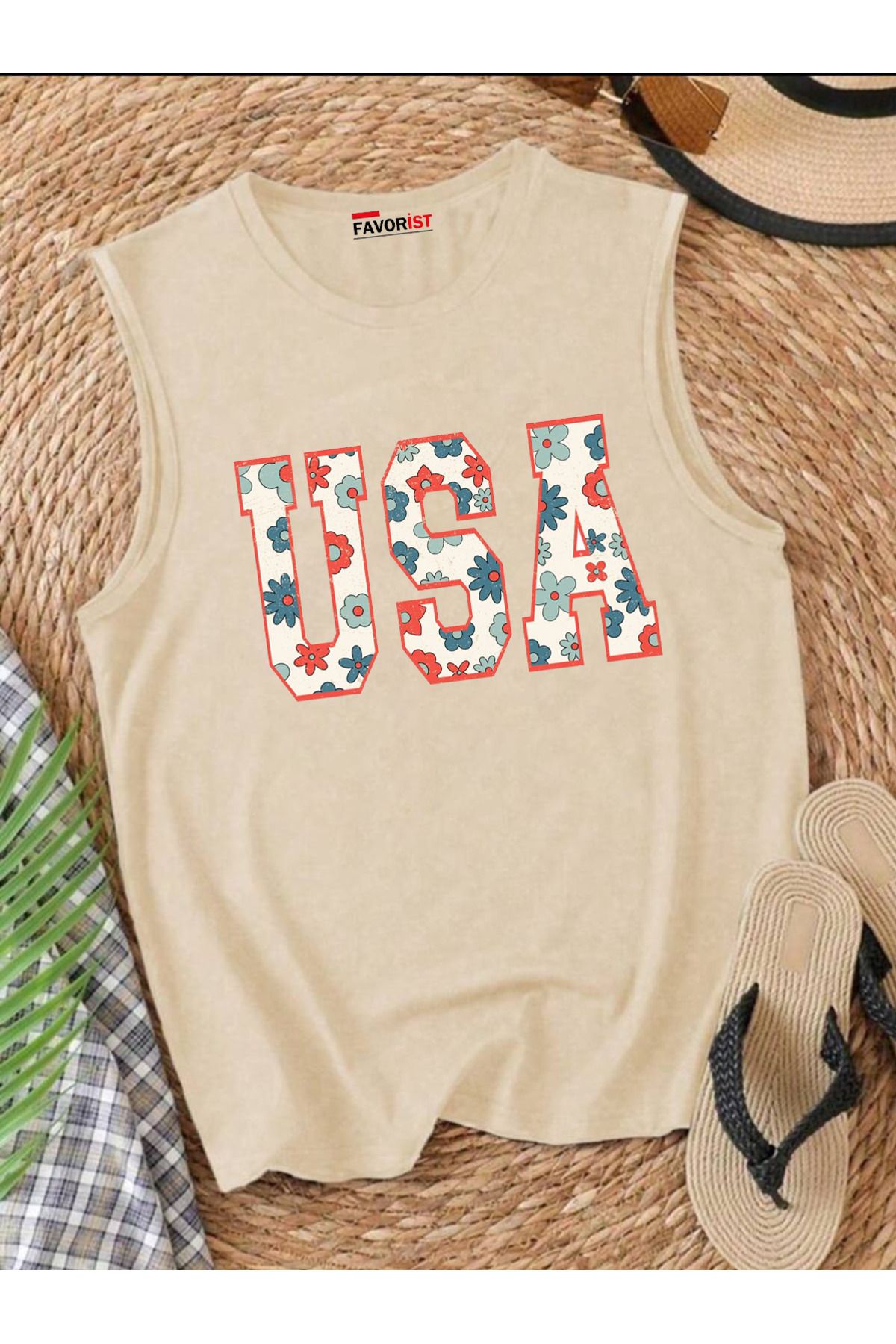 FAVORİST USA Omuzu Açık Kadın Pamuklu Kolsuz Yazlık T-shirt Atlet