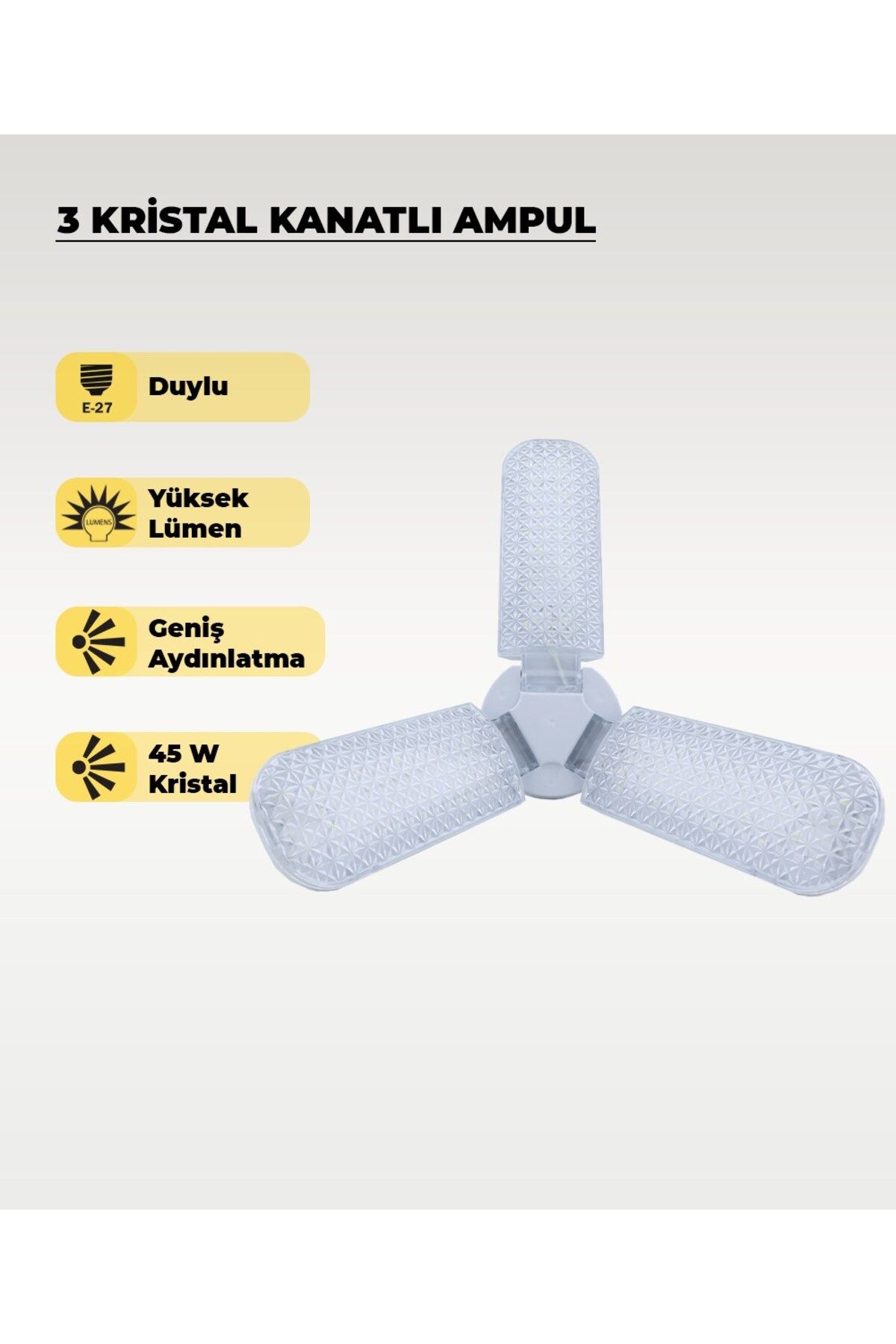 AC AYDINLATMA 45W Kristal 3 Kanatlı Pervane Ampul 6500K Beyaz Işık