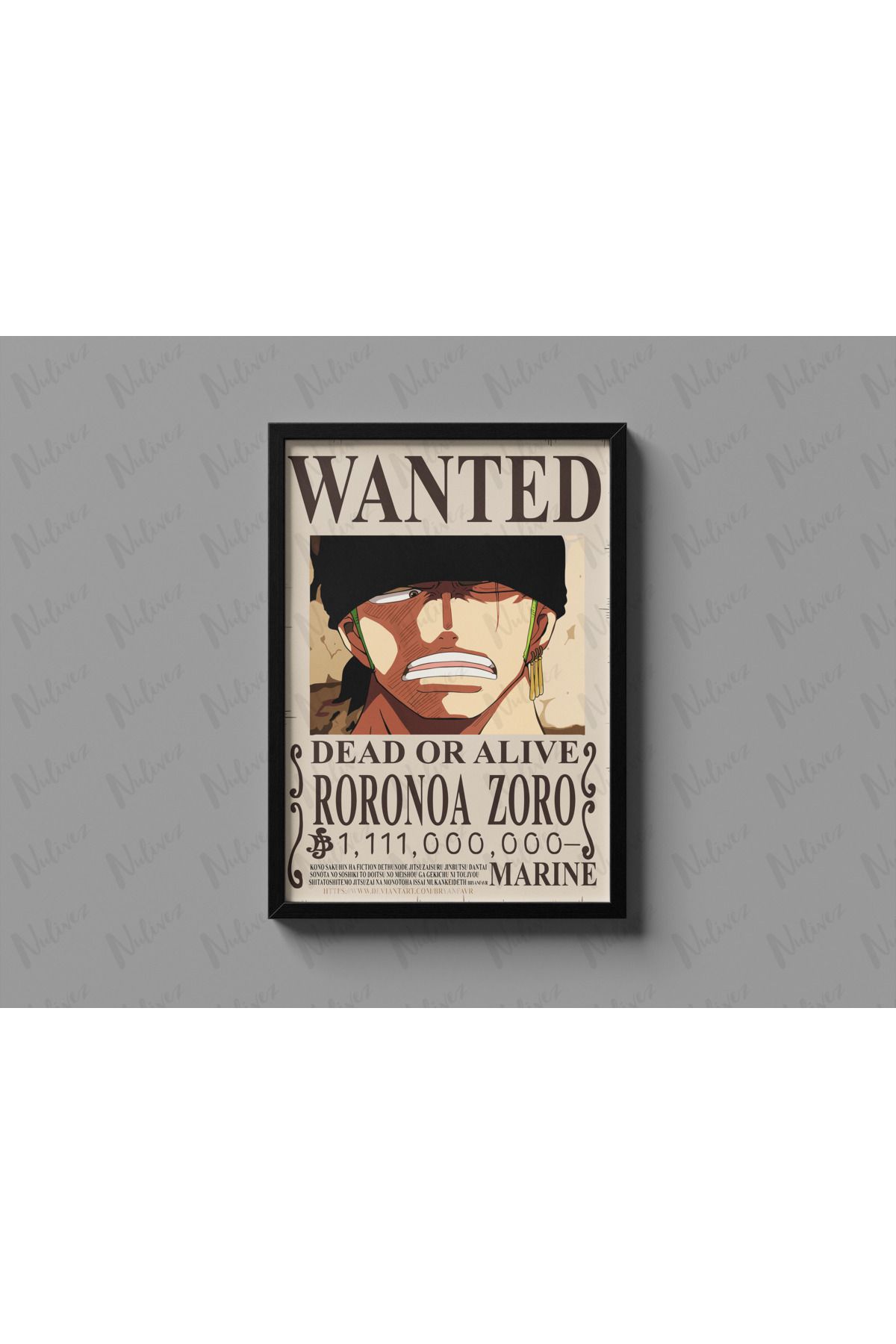 Nulivez Çerçeveli, One Piece Wanted Zoro Tasarımlı Dekoratif Tablo, 300 Micron Antireflecte Korumalı Tablo