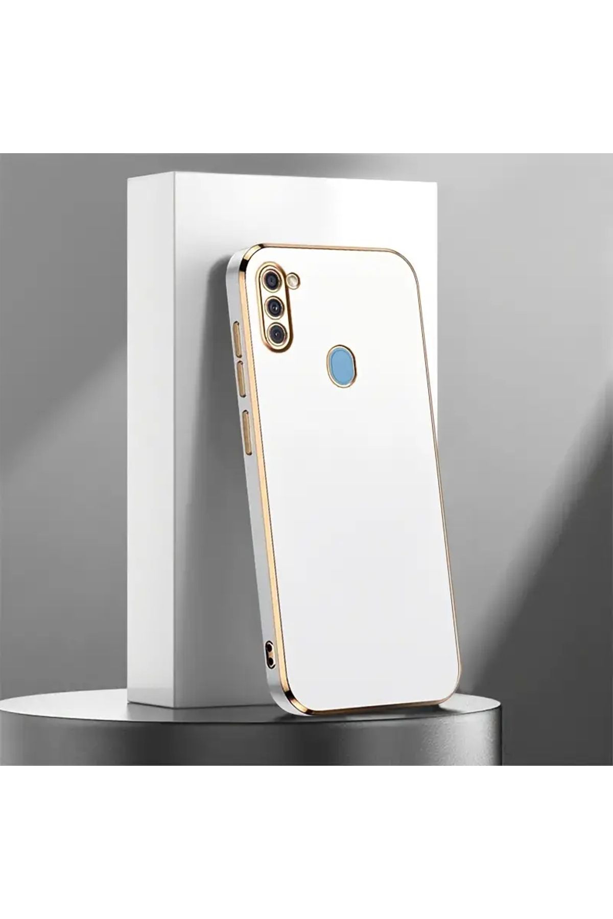 Merwish Galaxy A11 Uyumlu Lazer Kesim Gold Çerçeve Beyaz Kapak Kılıf