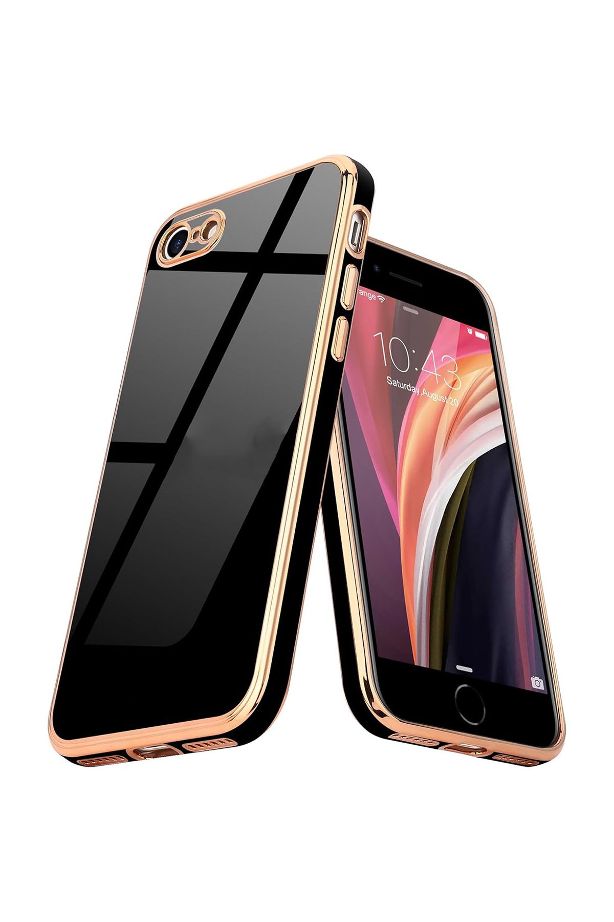 Merwish iPhone 7-8-SE Uyumlu Lazer Kesim Gold Çerçeve Siyah Kapak Kılıf