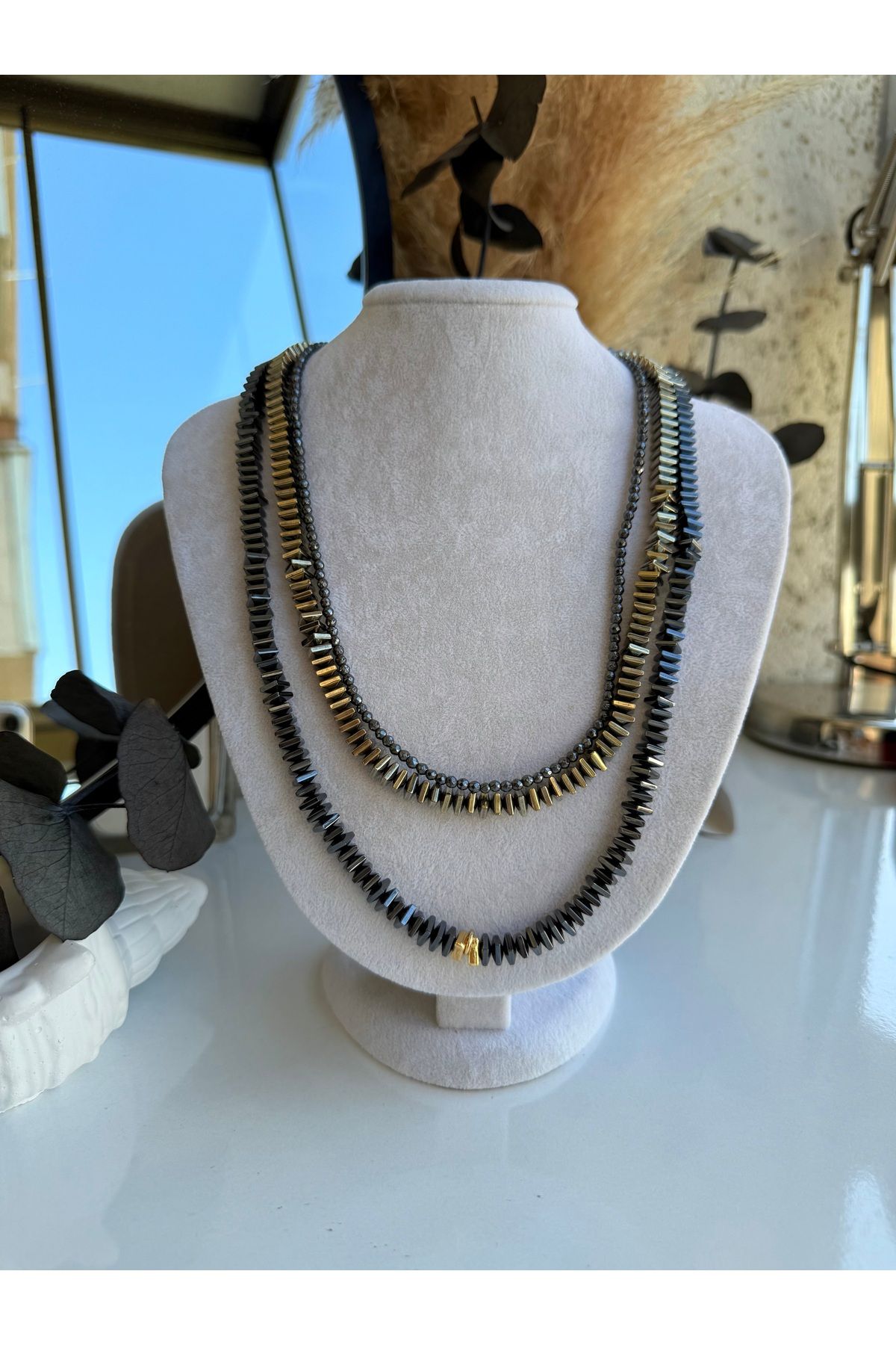 LUXURY JEWELRY Doğal Hematit Taşı Uzunluğu Ayarlanabilir 3 lü kolye