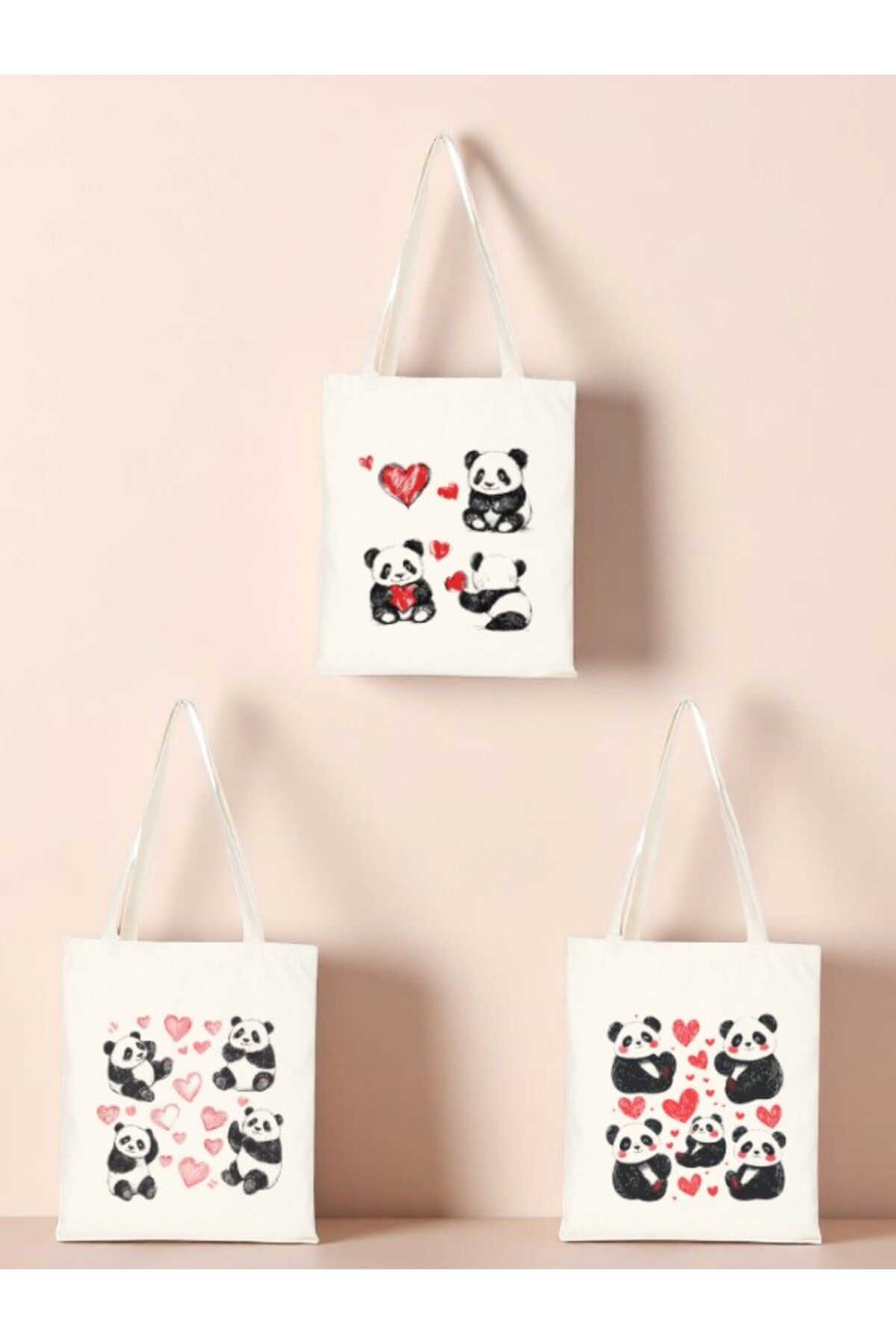 lili hediyelik Panda ve Kalp Baskılı Bez Çanta 3'lü Omuz Çantası