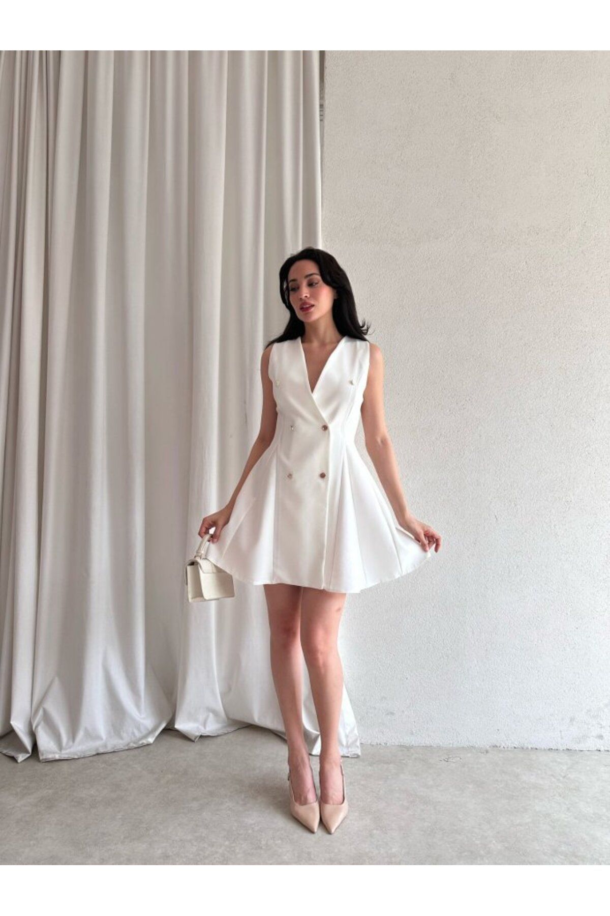 popibutik Kadın Kruvaze Yaka Düğmeli Mini Elbise