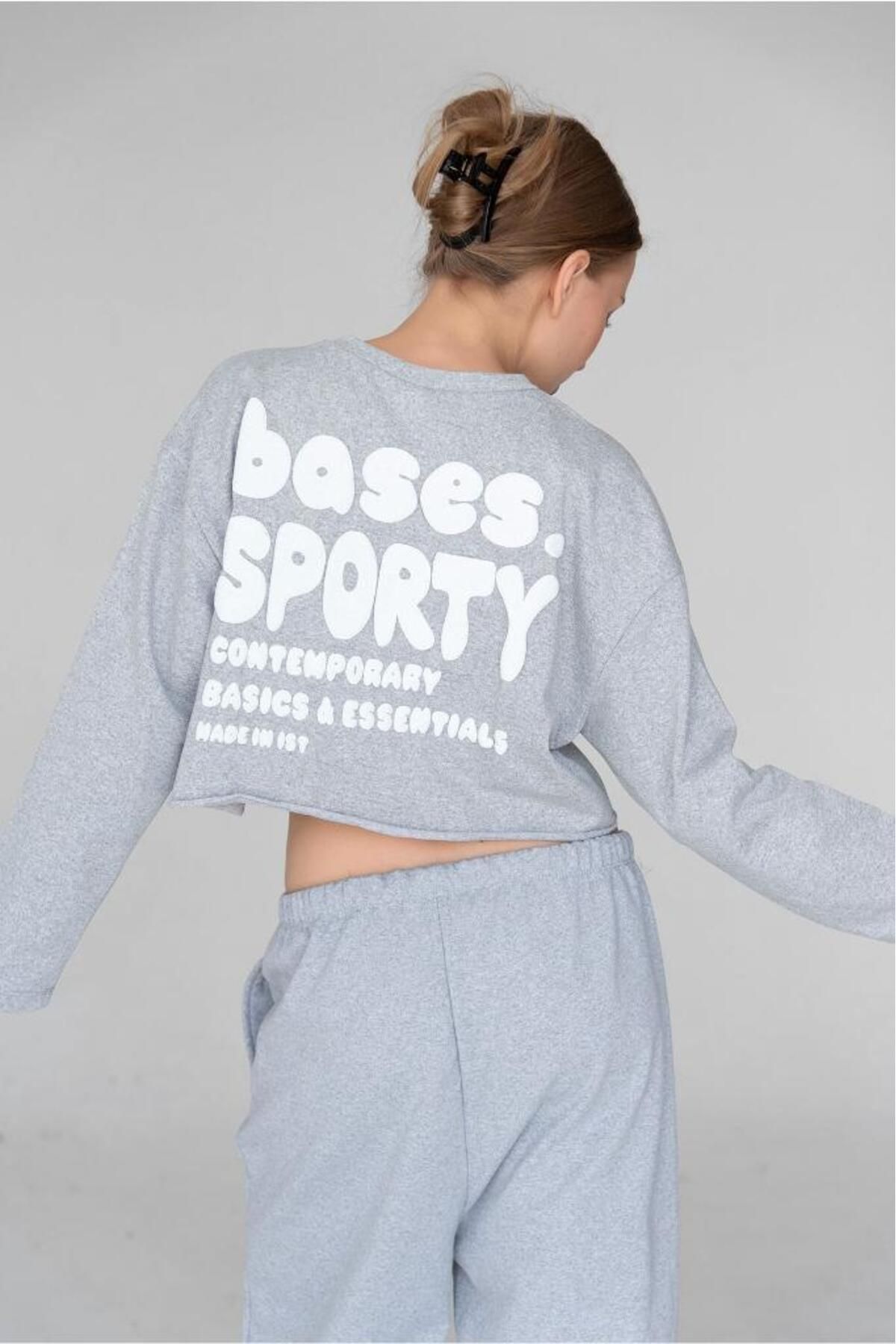bases. Kadın Mor Bisiklet Yaka Crop Puff Baskılı Uzun Kol Sweatshirt