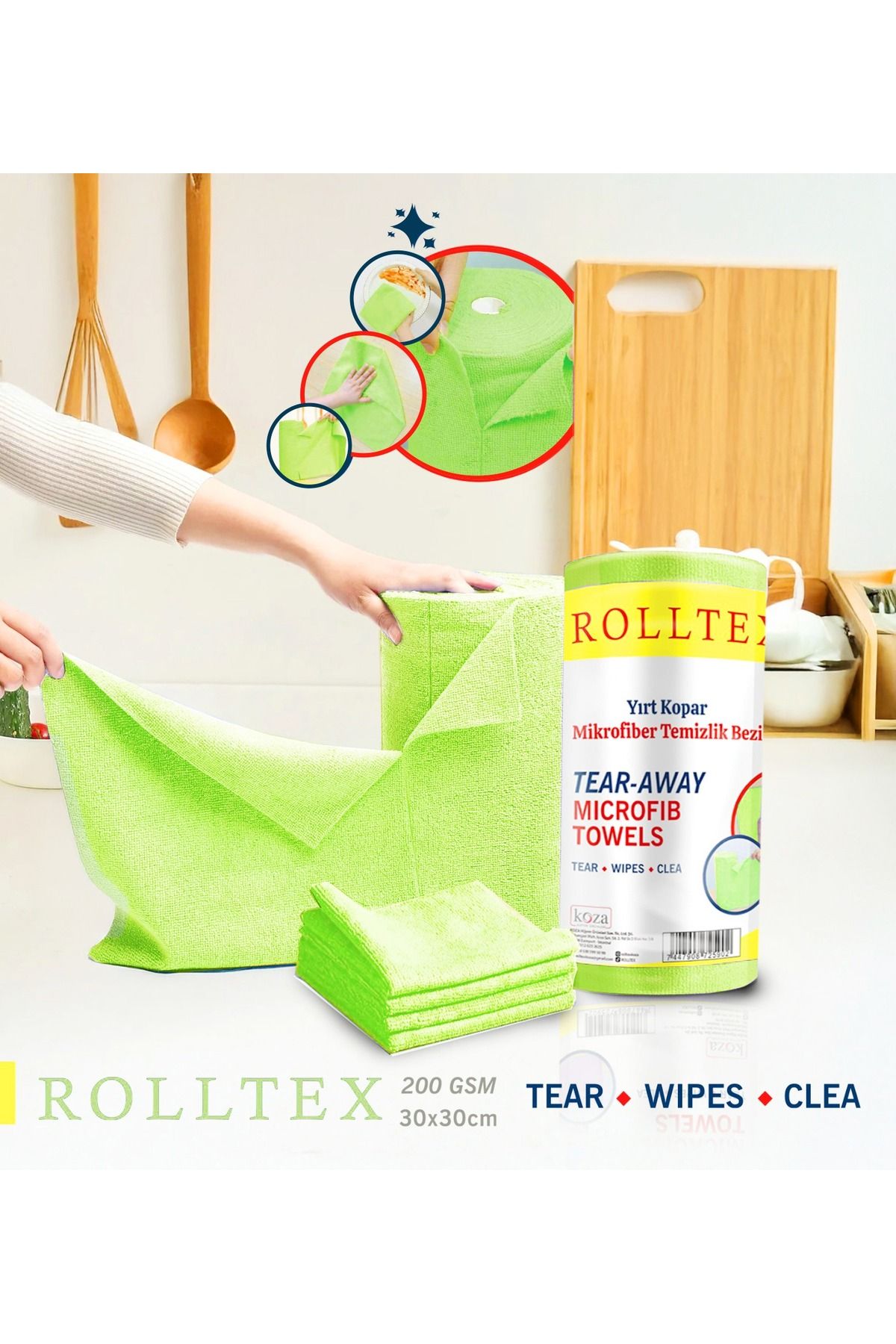 ROLLTEX Çok Amaçlı Yırt Kopar Rulo Mikrofiber Temizlik Bezi 30x30cm 20 Yapraklı YEŞİL RENK