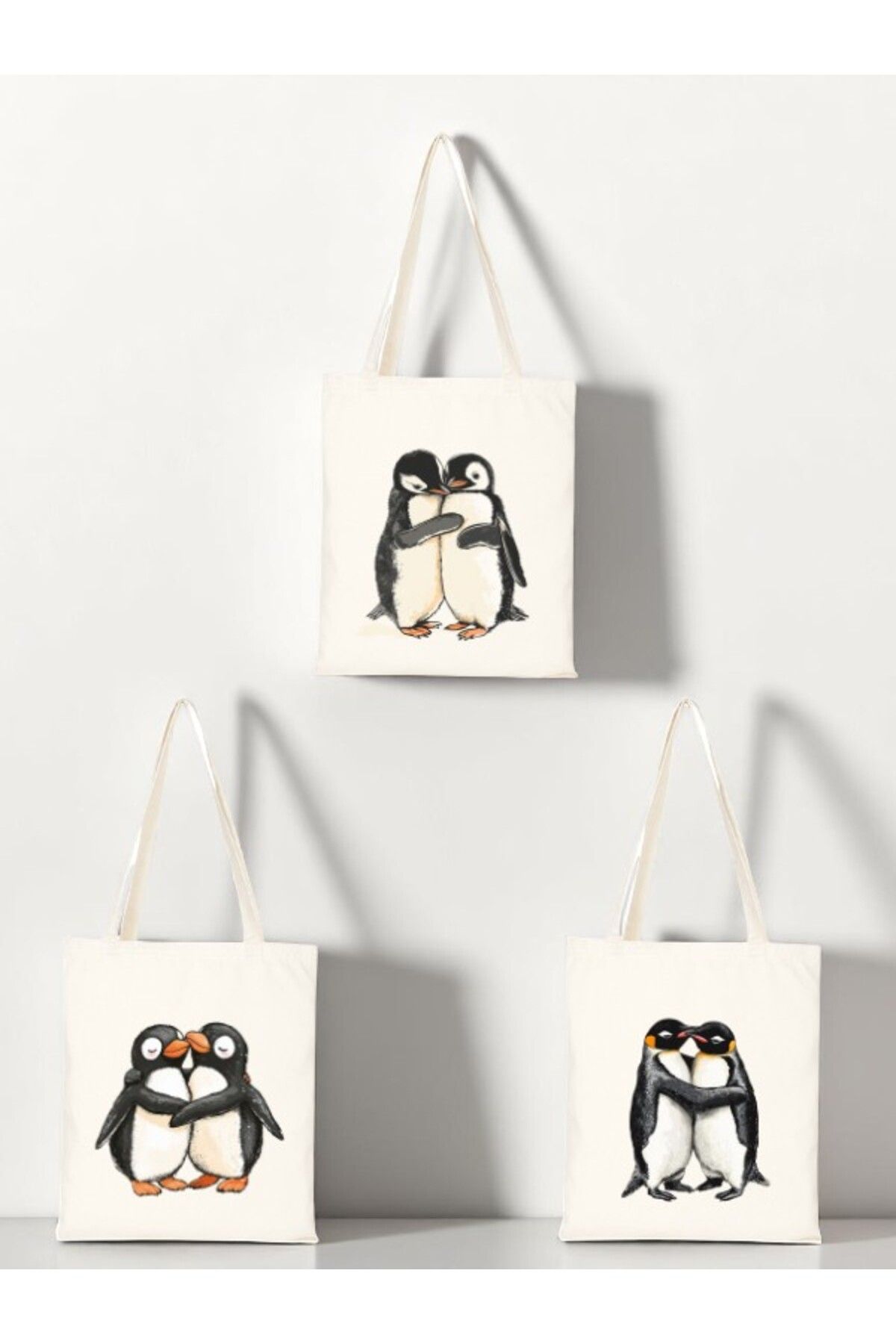 lili hediyelik Sarılan Penguenler Baskılı Bez Çanta 3'lü Omuz Çantası