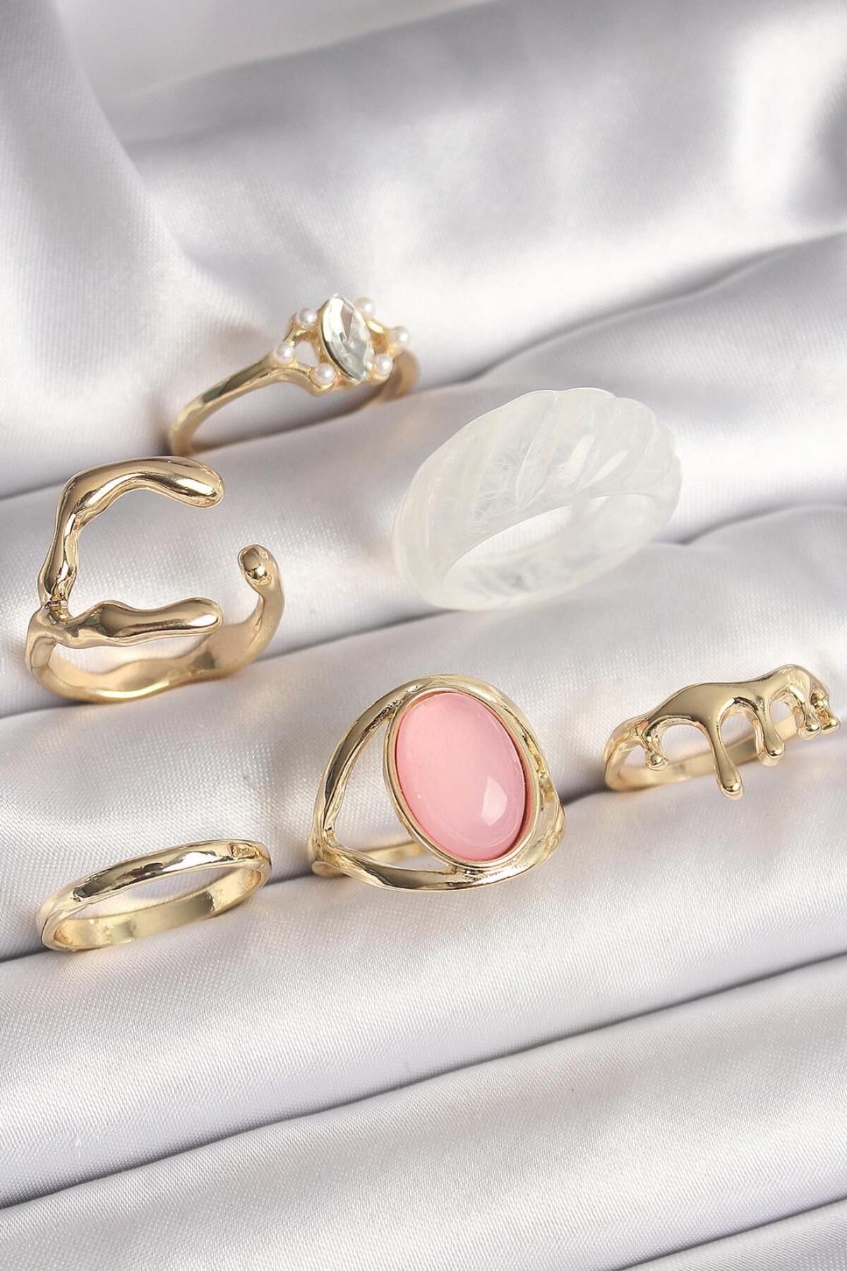 AfraBeauty 925 Ayar Paslanmaz Çelik Gold Renk Zirkonlı Oval Pembe Mineli 6'Lı Kadın Yüzük Seti