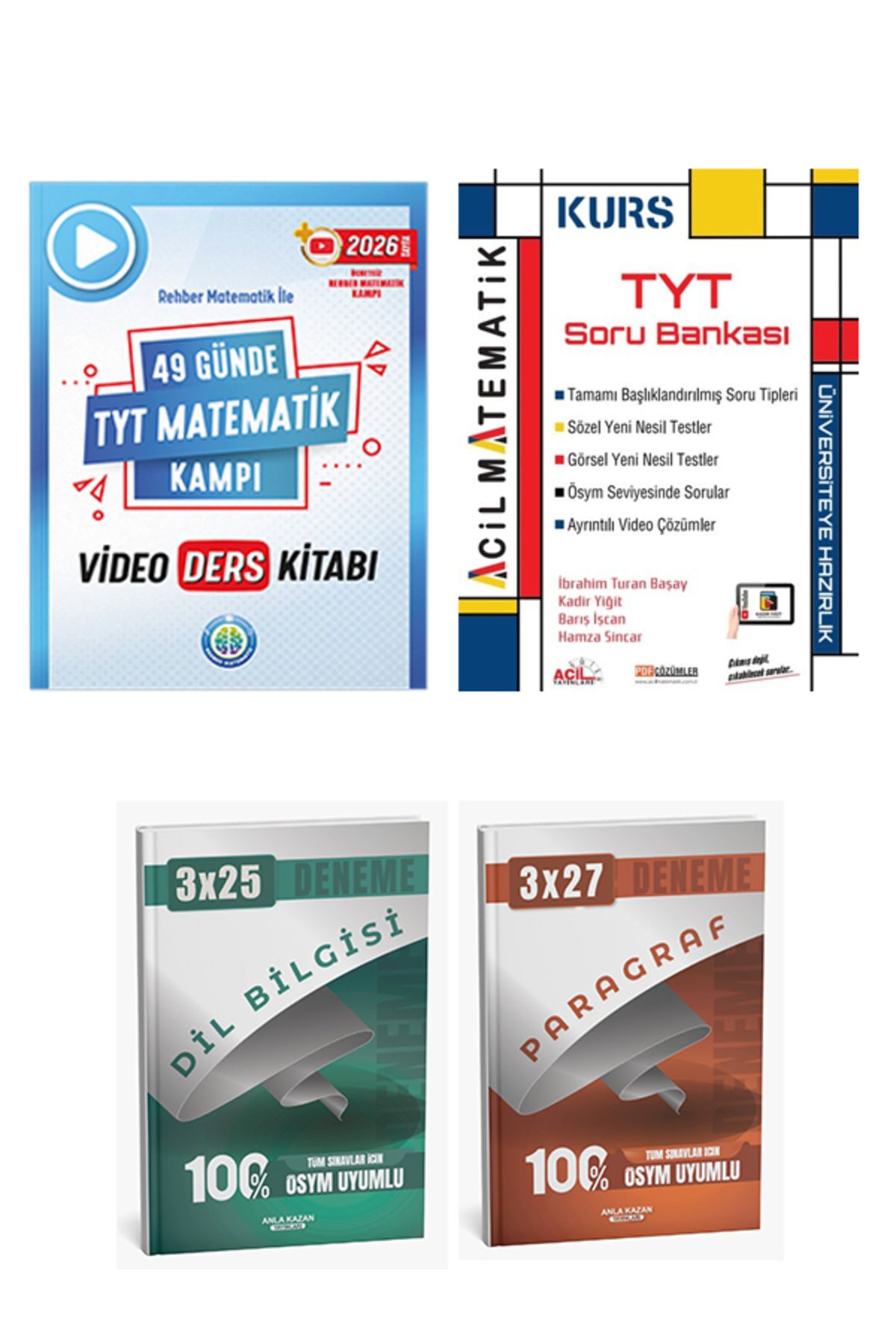 Anla Kazan Yayınları Rehber + Acil 2026 TYT Matematik Video Ders + TYT Matematik Soru + Anla Kazan Deneme 4 lü Set