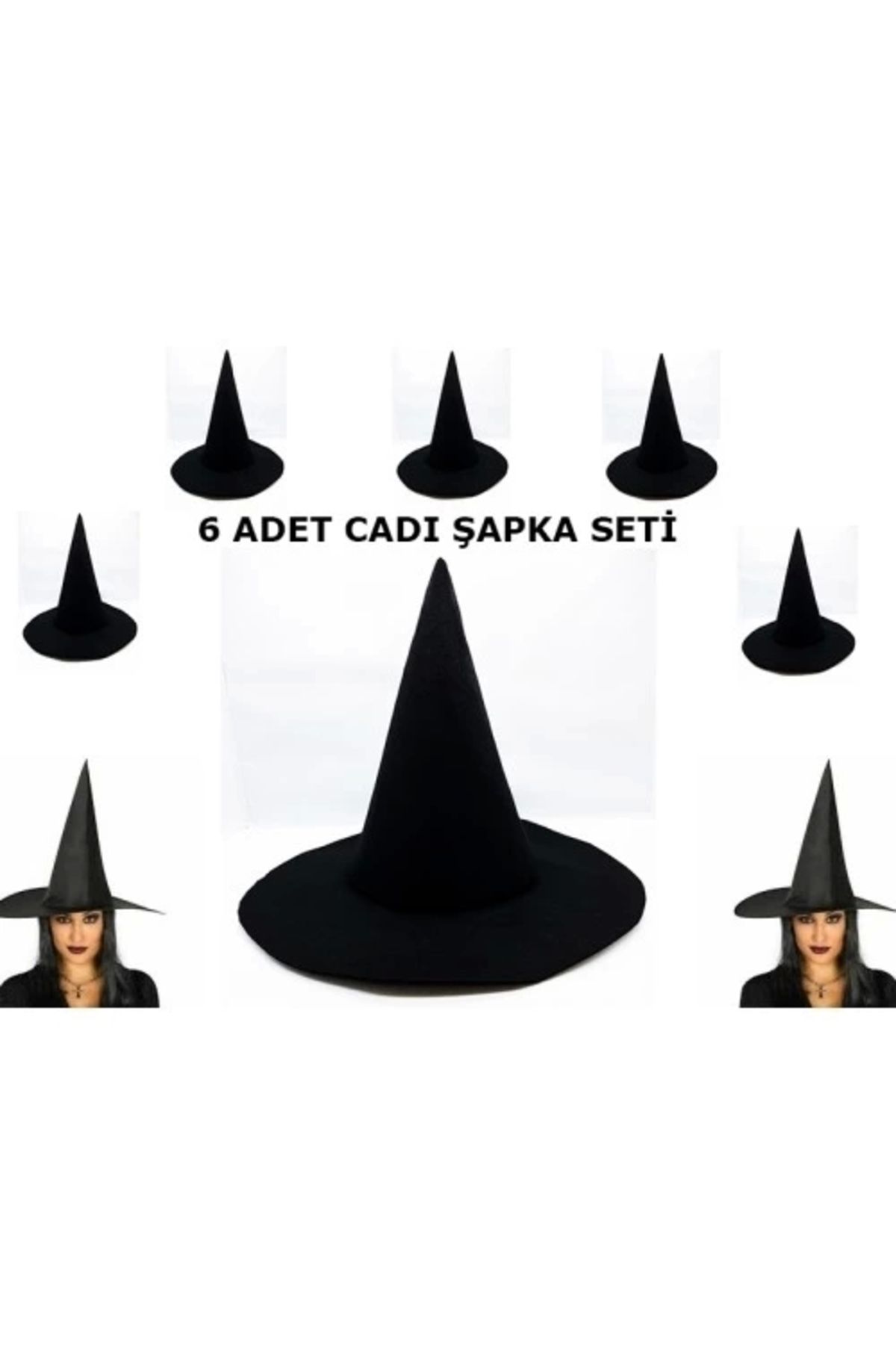 Generic Siyah Cadı Şapkası Keçe Yetişkin Boy 6 Adet