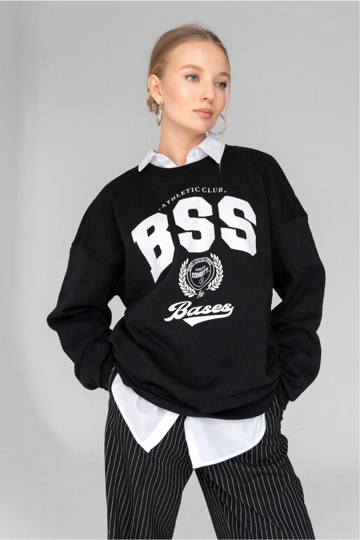 bases. Kahverengi Bisiklet Yaka Baskılı Içi Polarlı Oversize Sweatshirt