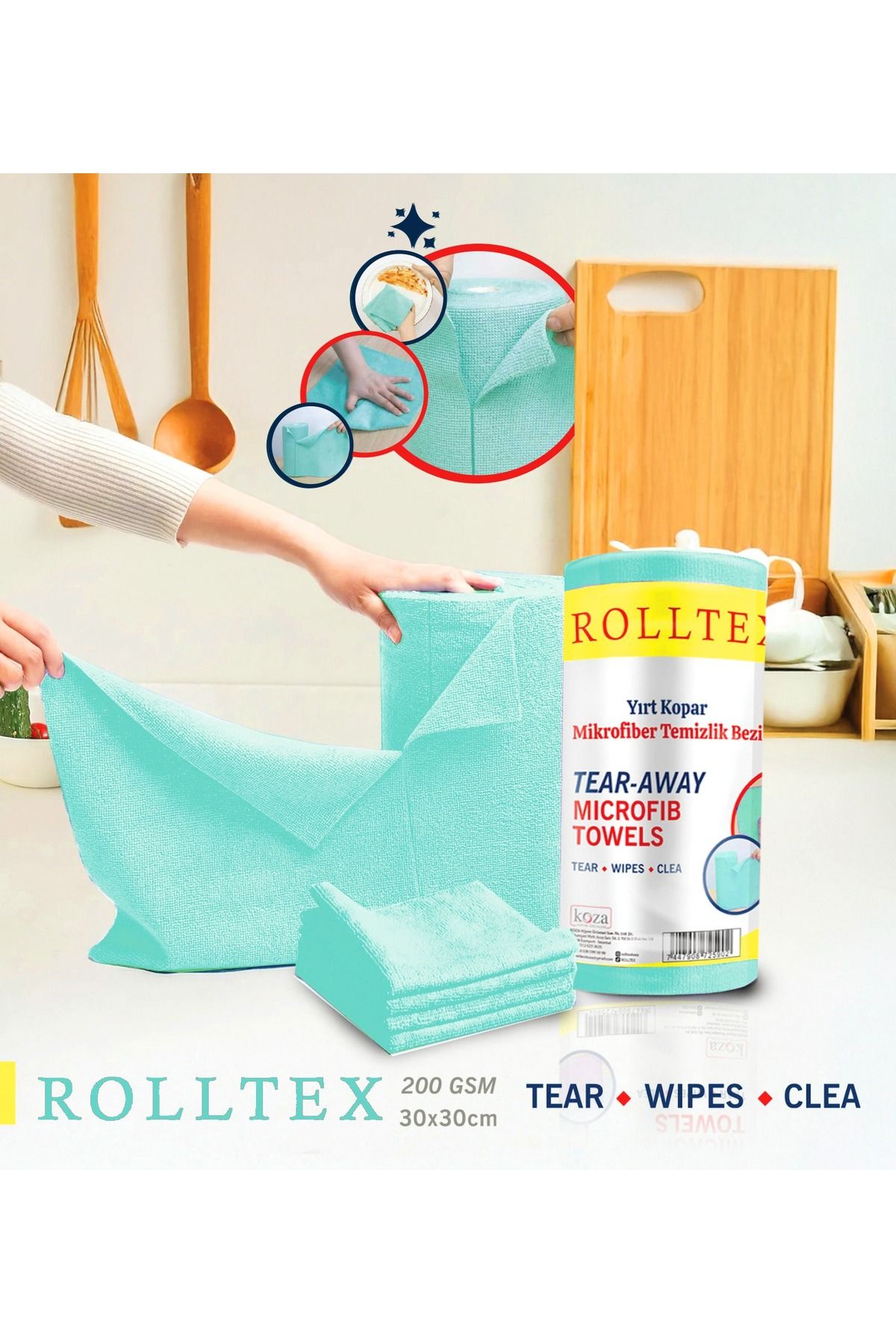 ROLLTEX Çok Amaçlı Yırt Kopar Rulo Mikrofiber Temizlik Bezi 30x30cm 20 Yapraklı MAVİ RENK