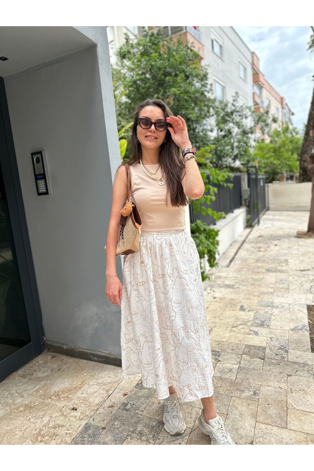 SKYstyles Krem bej nakışlı katen etek