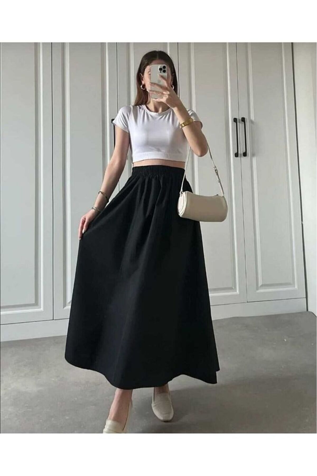 GALAVİP Kadın Yeni Sezon Uzun Çift Cepli Poplin Beli Lastikli Etek Astarsız (90 CM)