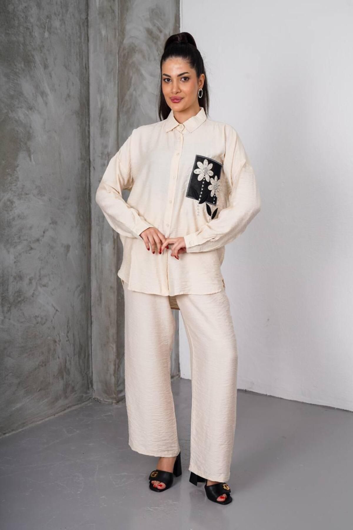 Tarzz Collection Çiçek İşlemeli Keten Gömlek