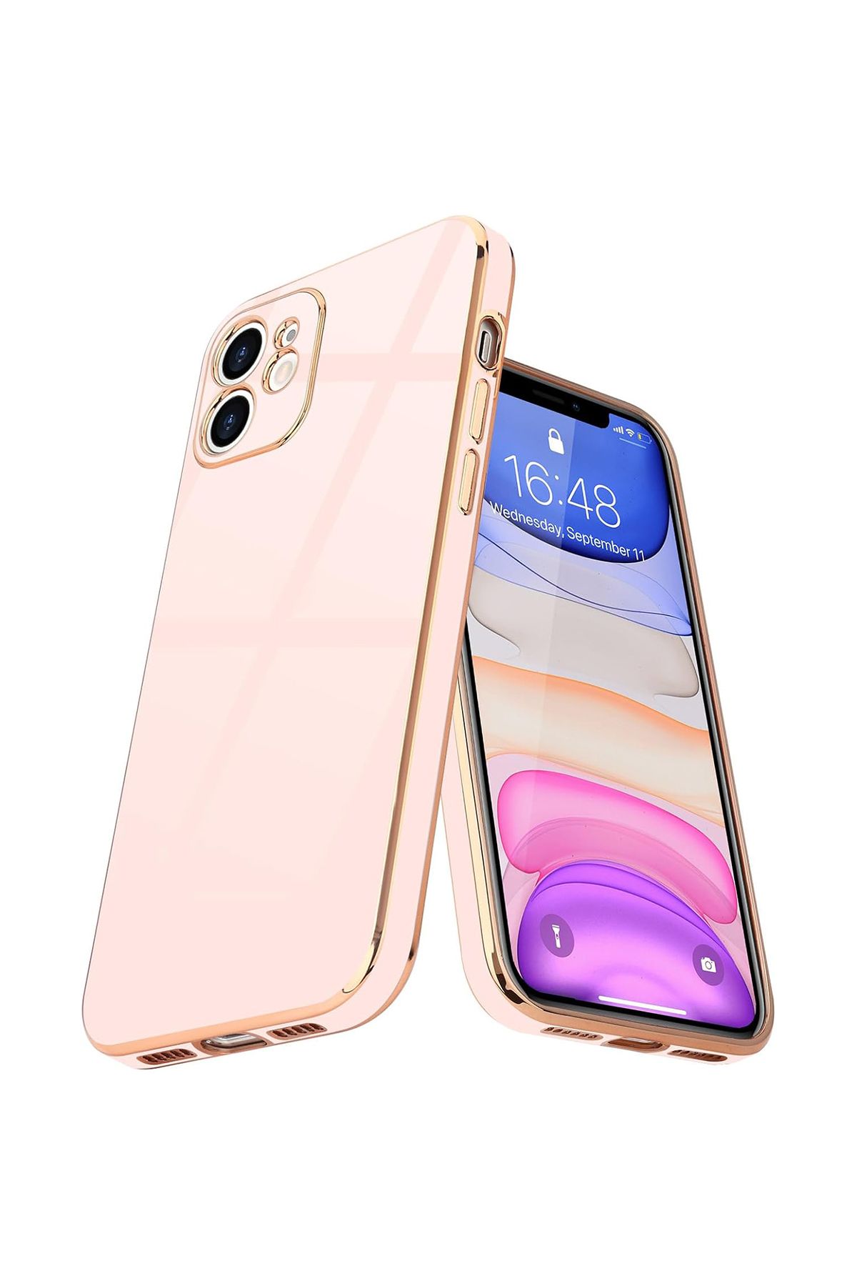 Merwish iPhone 11 Uyumlu Lazer Kesim Gold Çerçeve Pembe Kapak Kılıf