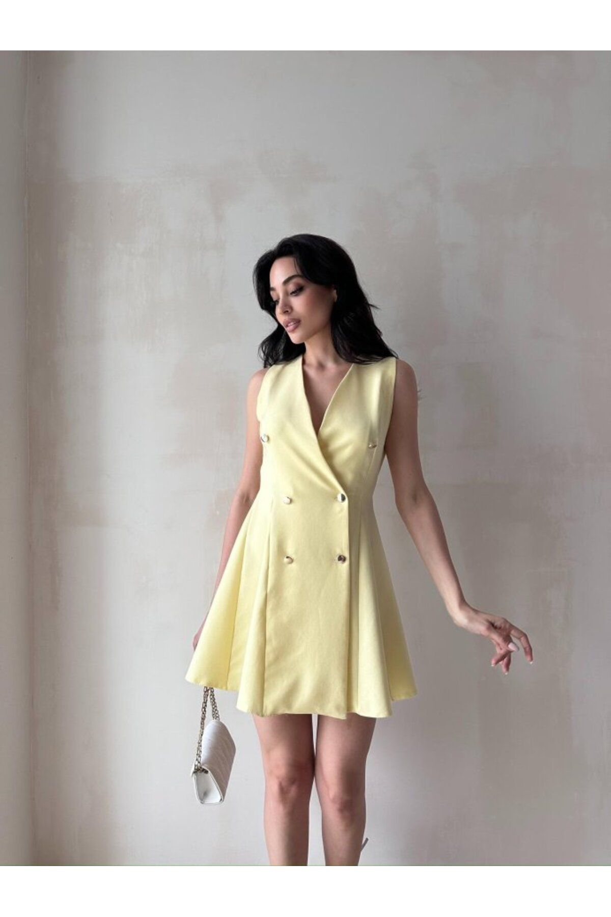 popibutik Kadın Kruvaze Yaka Düğmeli Mini Elbise