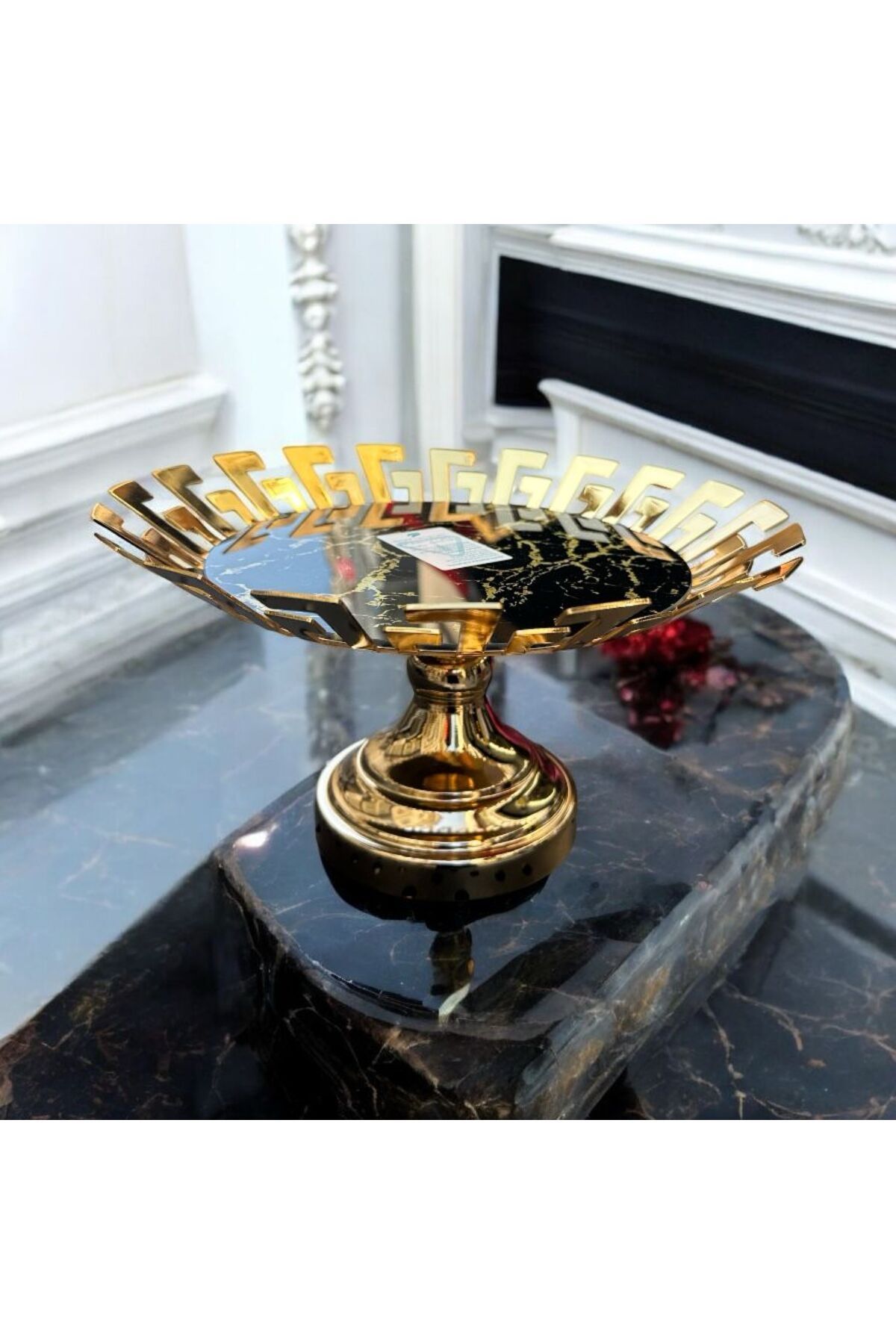 Peramari Dekoratif Krom Cam Mermer Desenli Yuvarlak Meyve Sunum Tepsisi Gold 1