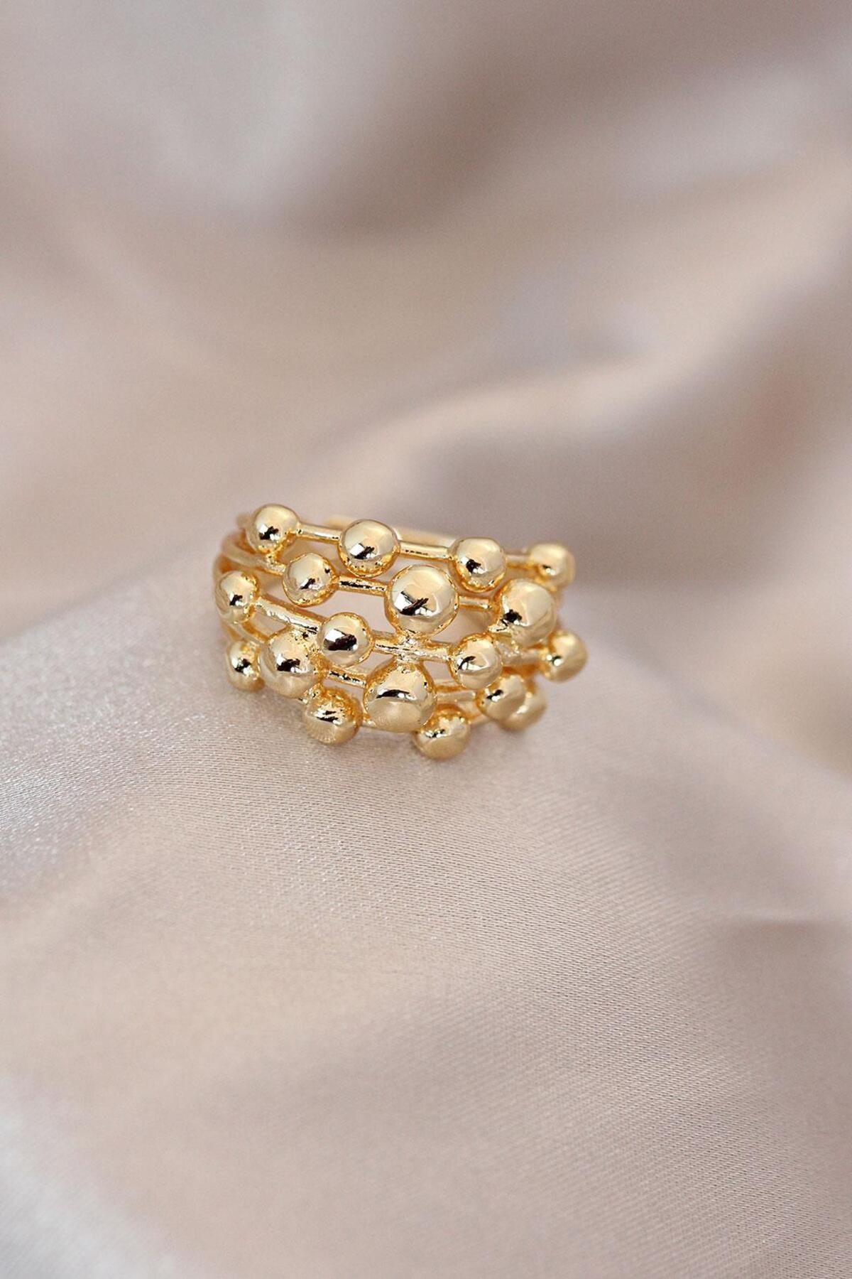 AfraBeauty 925 Ayar Paslanmaz Çelik Ayarlamalı Gold Renk Metal Bombeli Boluncuk Model Yüzük