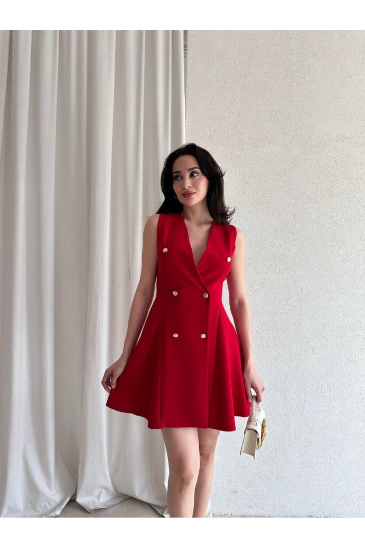 popibutik Kadın Kruvaze Yaka Düğmeli Mini Elbise