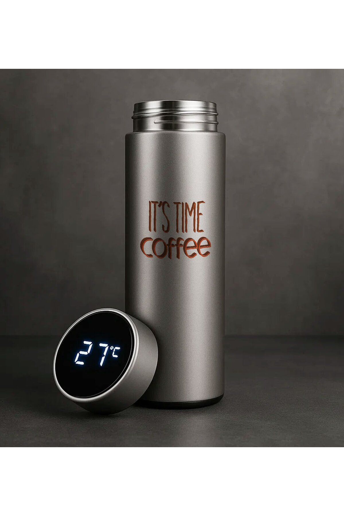 Bk Gift Coffee Tasarımlı Filtreli Dijital Göstergeli Gümüş Çelik Termos-1, Arkadaşa Hediye, Sevgiliy