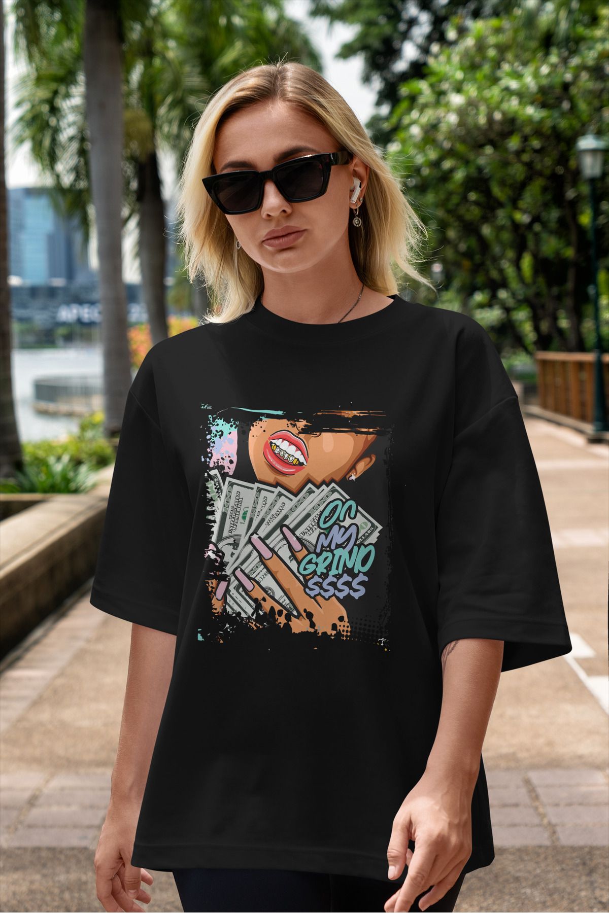 ELFAMİ Unisex Erkek/Kadın ON MY GRIND Özel Baskılı Oversize Pamuklu Bisiklet Yaka T-Shirt